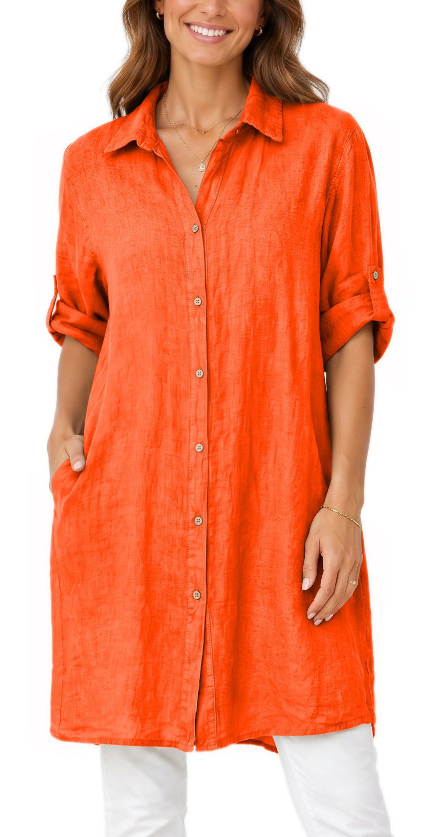 dy_mode Longbluse Damen Leinen Longbluse Sommer Hemdbluse Blusenkleid Luftige Tunika in Unifarbe, mit Knopfleiste
