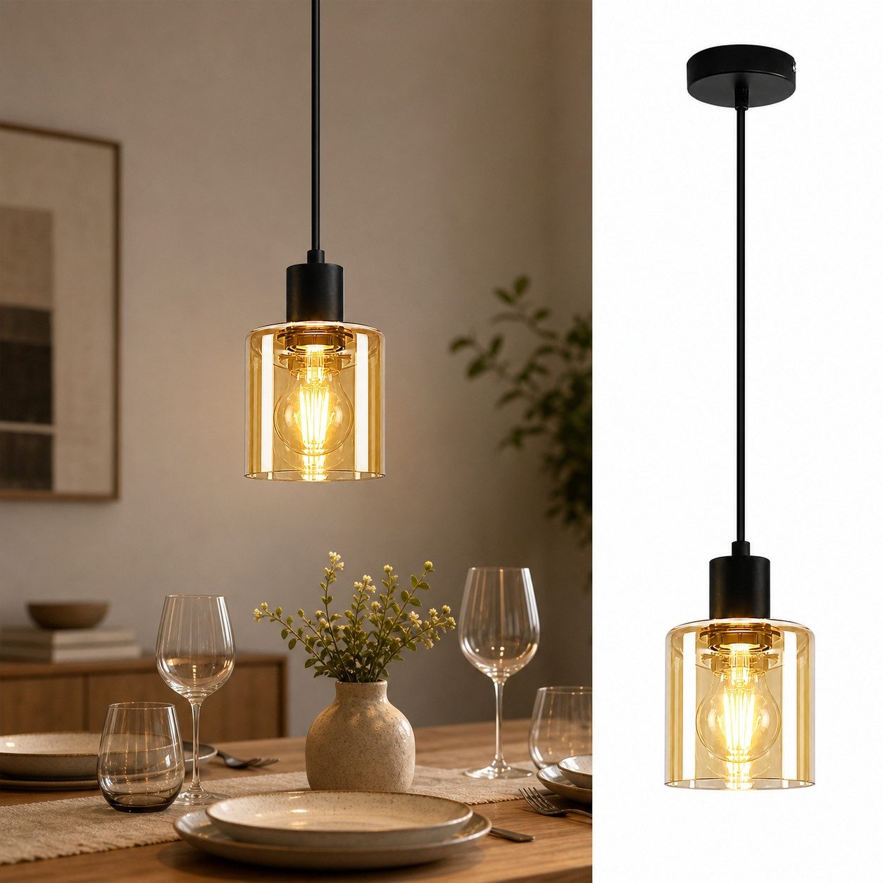 Nettlife Pendelleuchte Esstisch Vintage E27 Schwarz 1/3 Flammig Glas Industrial Hängeleuchte, Höhenverstellbar, ohne Leuchtmittel, Pendellampe für Wohnzimmer Hotel Büro