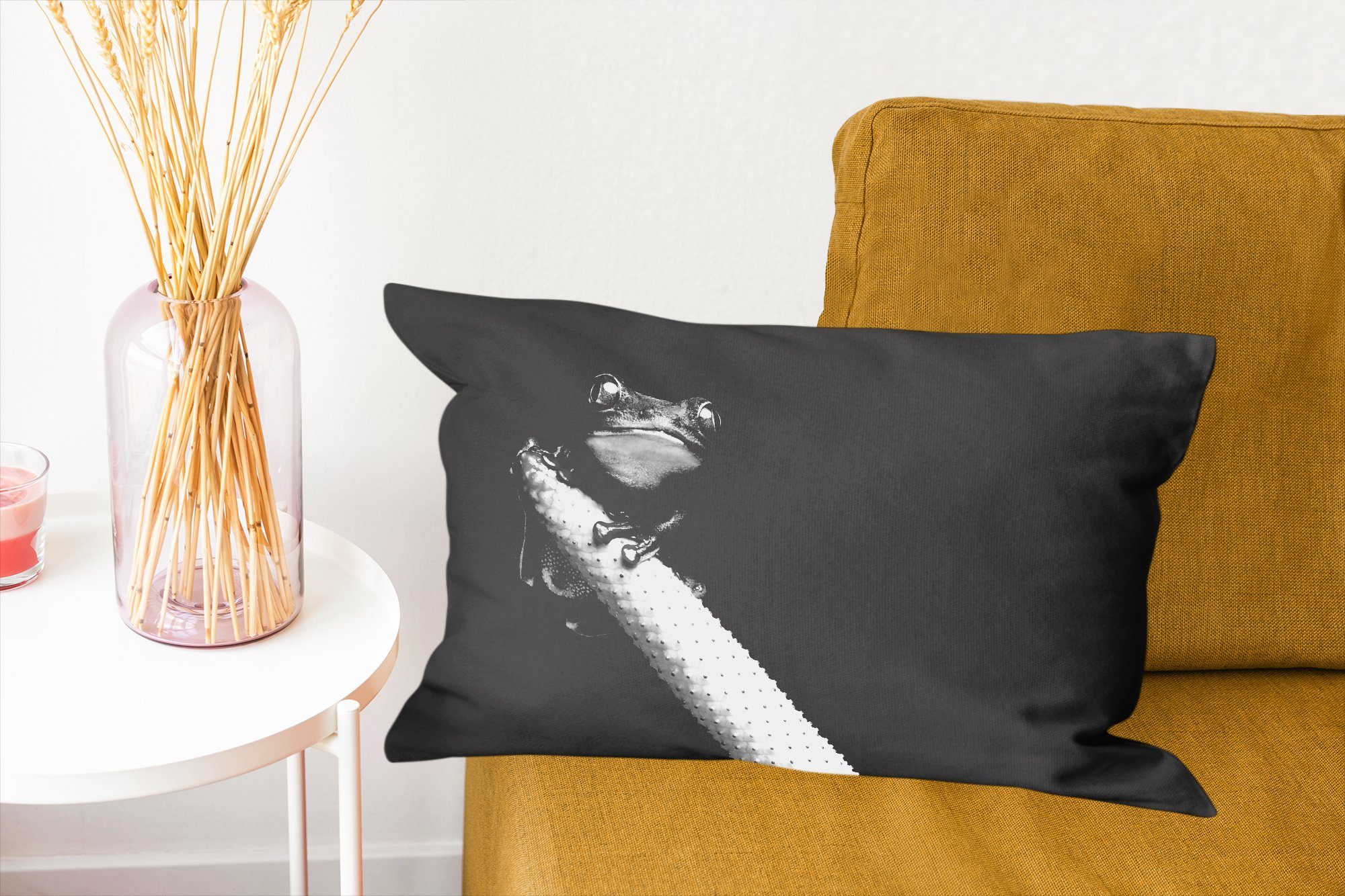 Wohzimmer Laubfrosch weiß, Füllung, vor Schlafzimmer Dekoration, schwarz - mit MuchoWow Kleiner Dekokissen Dekokissen und Zierkissen, schwarzem Hintergrund