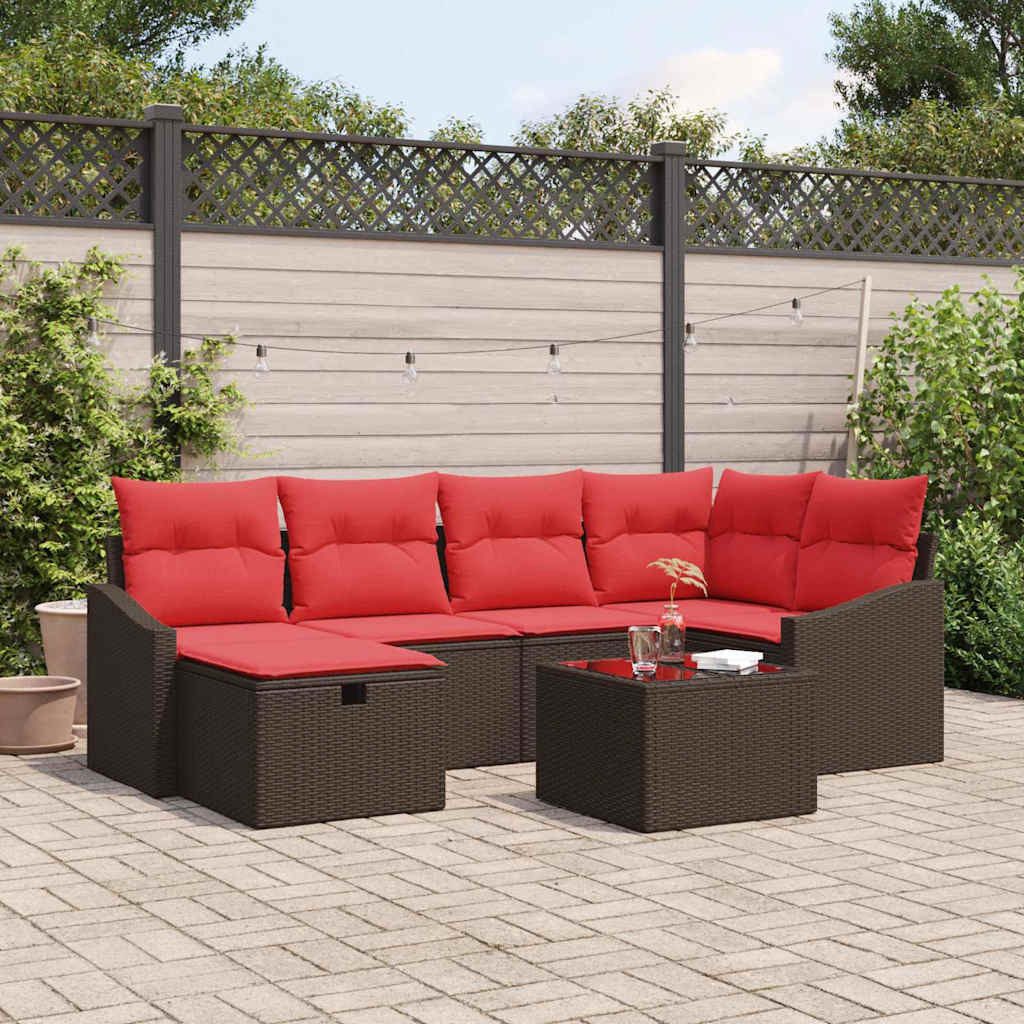 vidaXL Gartenlounge-Set Sofa Set mit Kissen mit Speicher Braun Poly-Rattan, (7-tlg)