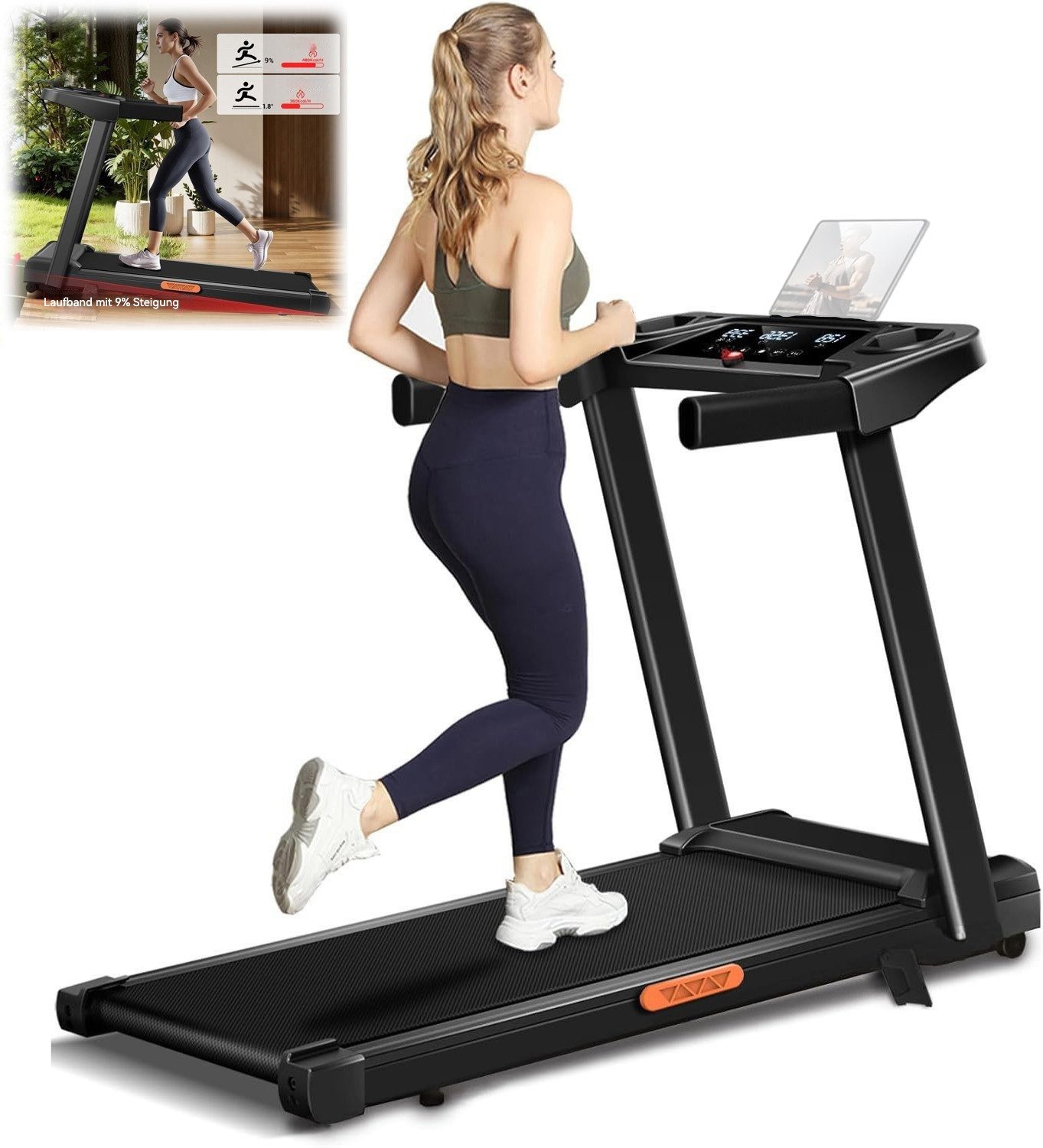 UMAY Laufband für Zuhause (Treadmill for Home mit 3,0-PS-Motor und 12 voreingestellte Programme, mit Rädern, mit Trinkfaschenhalter, Mit Halterung), mit Steigung 9%, Laufbänder 12KM/H, Max Belastung 136KG