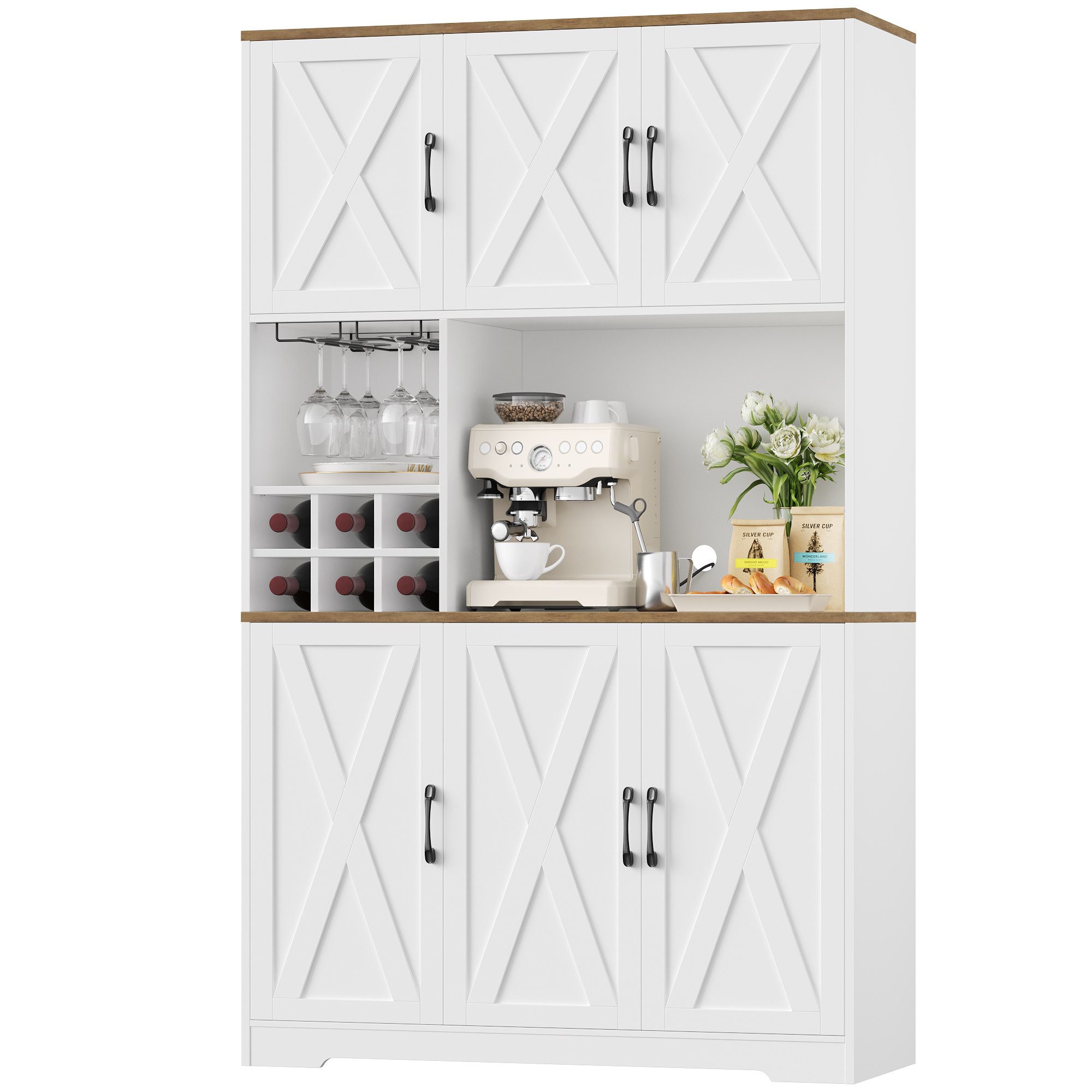 HOMECHO Küchenbuffet Küchenschrank mit Arbeitsplatte Buffetschrank mit 6 Türen Flaschenhalter und Glashalter 180x106x37cm