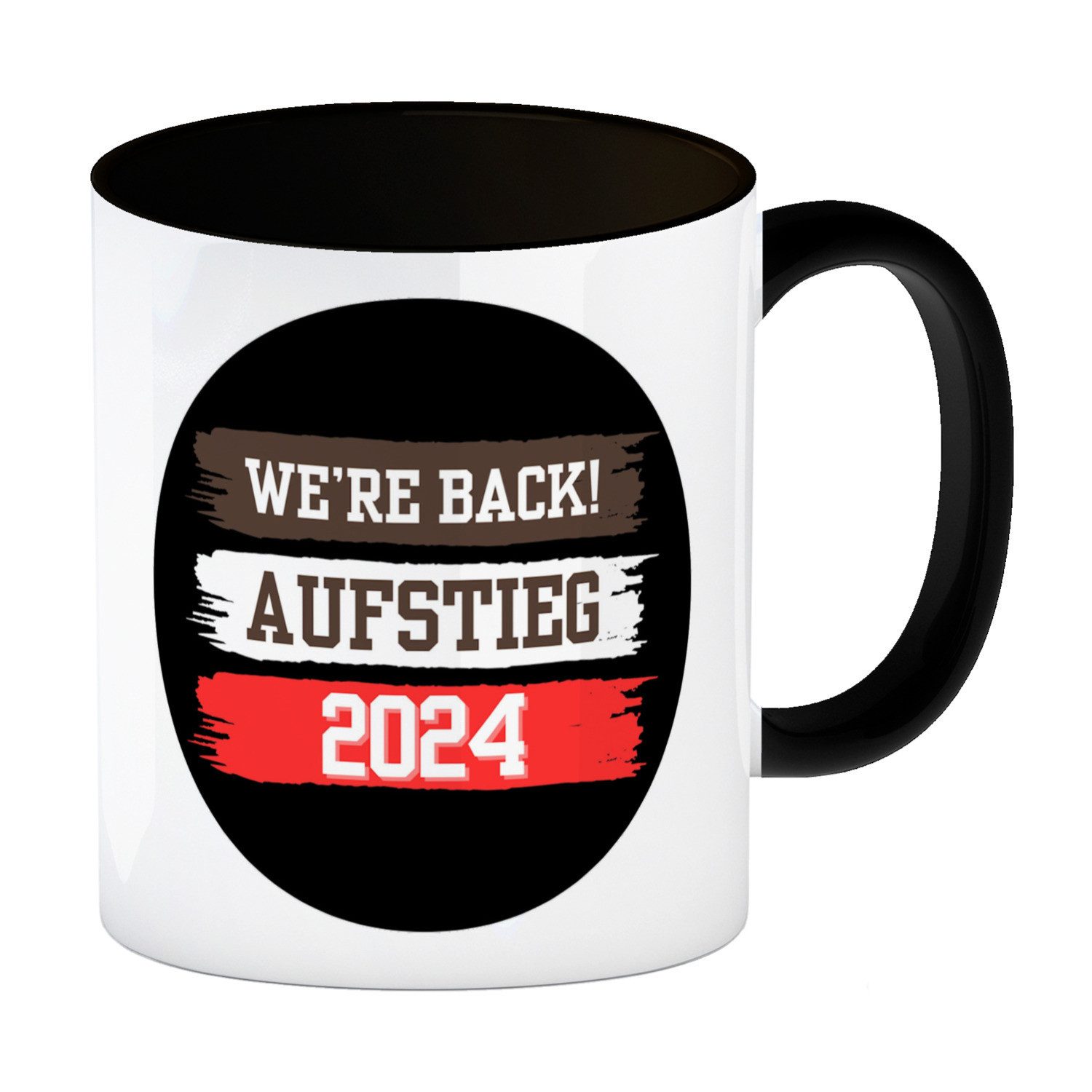 Tasse St. Pauli Aufstieg 2024 Kaffeebecher in schwarz mit Spruch We're back