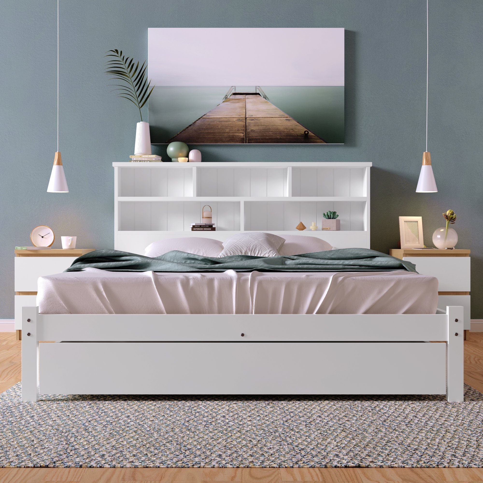 HAUSS SPLOE Holzbett Doppelbett Jugendliche und Erwachsene Kinderbett (Einzelbett oder Doppelbett, mit großer Schublade und Bücherregal Kopfteil), aus Massivholz Kiefer, Weiß, ohne Matratze, 90× 200 cm oder 140× 200 cm