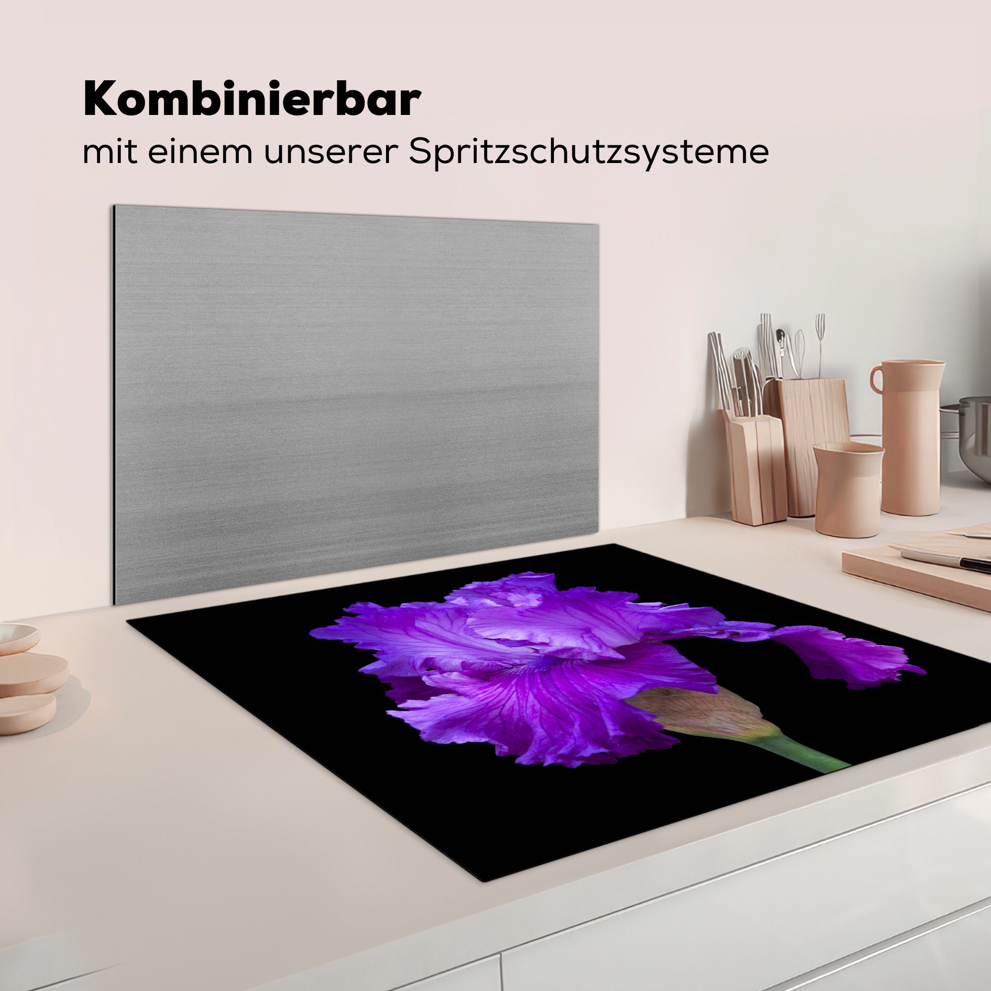 küche Iris tlg), (1 Vinyl, Ceranfeldabdeckung, MuchoWow Schwarz, Lila für Herdblende-/Abdeckplatte cm, Arbeitsplatte auf 78x78