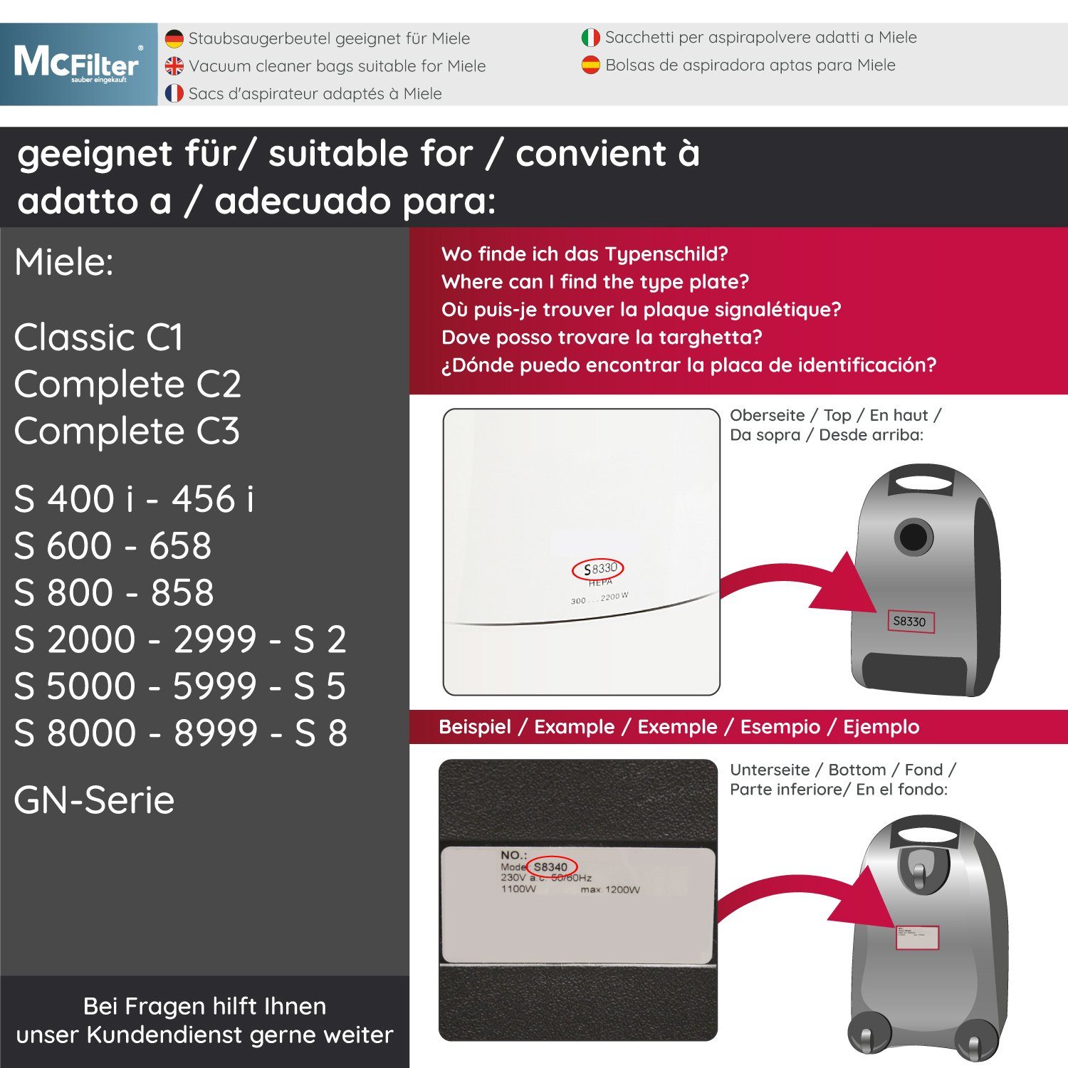 Serie Top Miele - Filter, 16 >MAXI Staubsaugerbeutel (16+8), für 8 9917730, wie BOX< S456i passend Alternative Miele zu inkl. S400i McFilter Staubsauger, St., 10408410