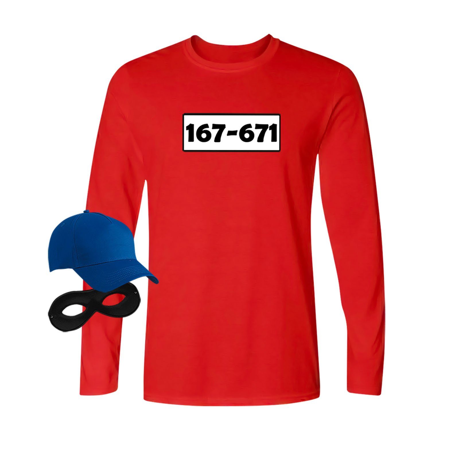 Jimmys Textilfactory Kostüm Panzerknacker Longsleeve Kostüm-Set Karneval Verkleidung Herren X -5XL, Shirt+Cap+Maske