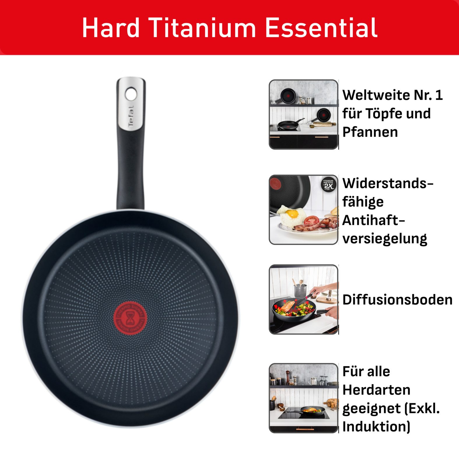 Tefal Bratpfanne Hard Titanium Essential, Titanium Antihaftversiegelung, Aluminium, kompatibel mit Gas-/Elektro-/Keramikherden, nicht induktionsgeeignet