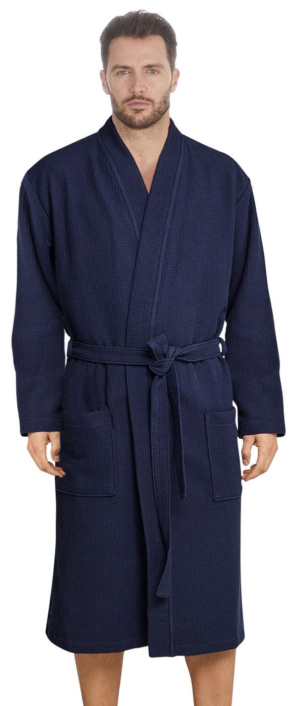 Badekönig Herrenbademantel Waffelpique, Kapuze, Gürtel, Langform Blau 100% günstig online kaufen
