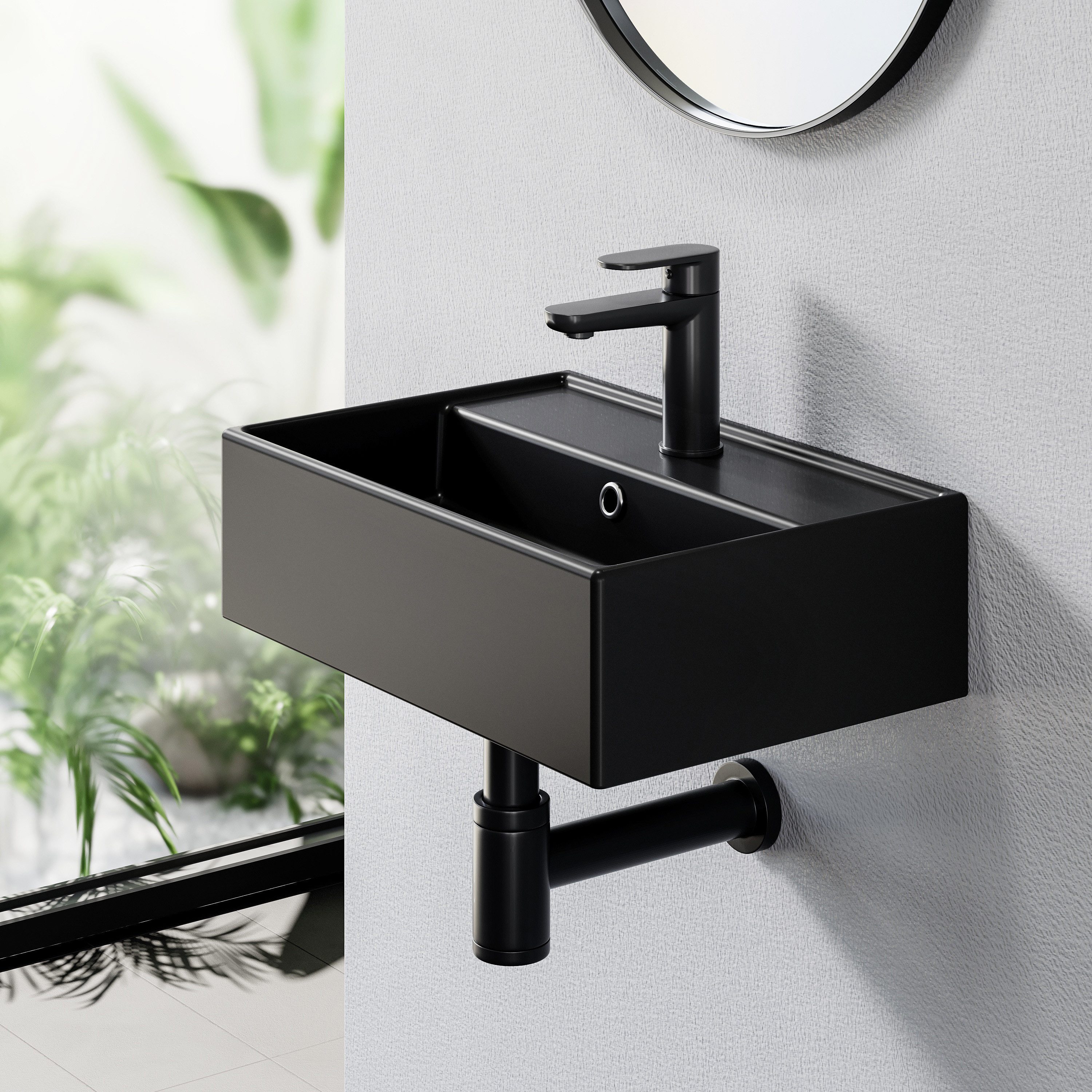 HOROW Waschbecken Keramik Aufsatzwaschbecken Hängewaschbecken 50cm 60cm 75cm (Badezimmer Waschtisch, mit Hahnloch und Überlauf - Weiß/Schwarz) – Bild 3 von 5