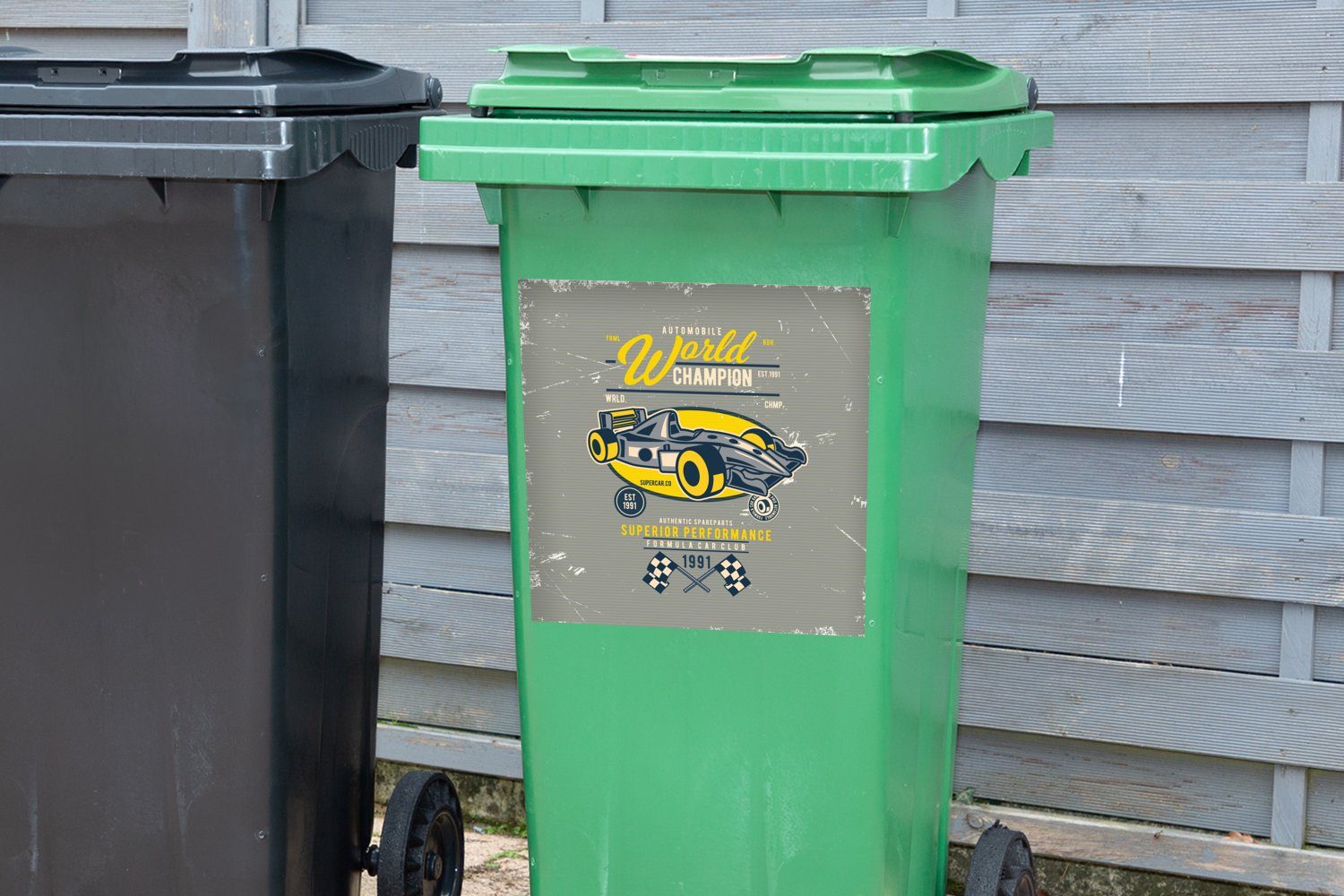 St), Rennwagen (1 Mülltonne, Abfalbehälter - Mülleimer-aufkleber, Wandsticker Sticker, MuchoWow - Flagge Container, Retro