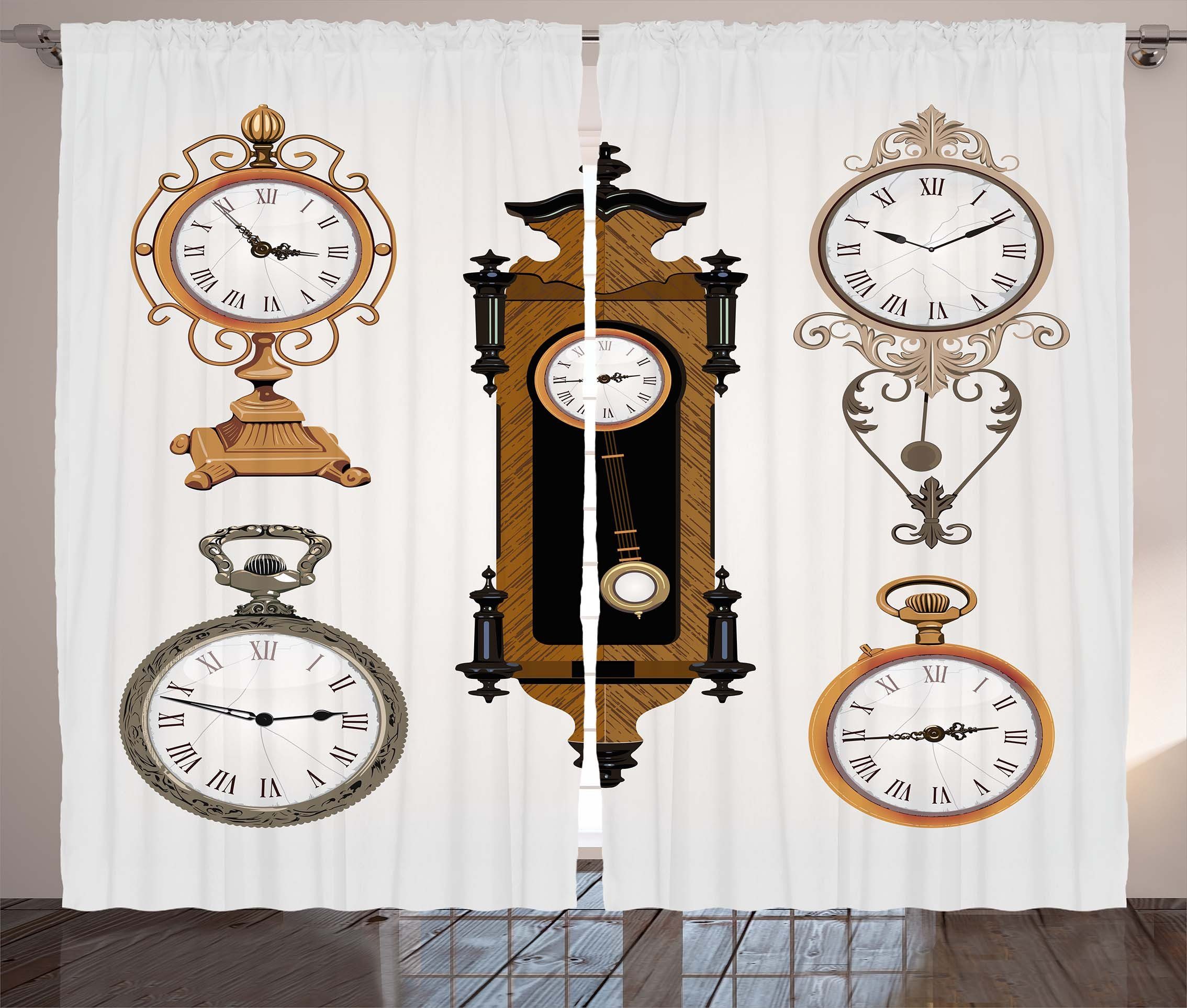 Gardine Schlafzimmer Kräuselband Vorhang mit Schlaufen und Haken, Abakuhaus, Jahrgang Antike Uhren Muster | Fertiggardinen