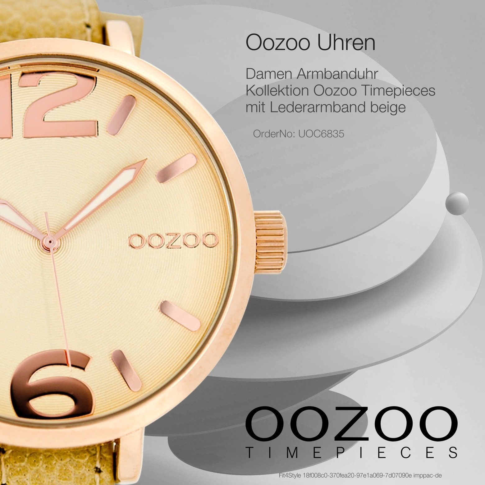 Damen Uhren OOZOO Quarzuhr UOC6835 Oozoo Armbanduhr Damen rosegold, Damenuhr rund, groß (ca. 45mm), Lederarmband, Fashion-Style