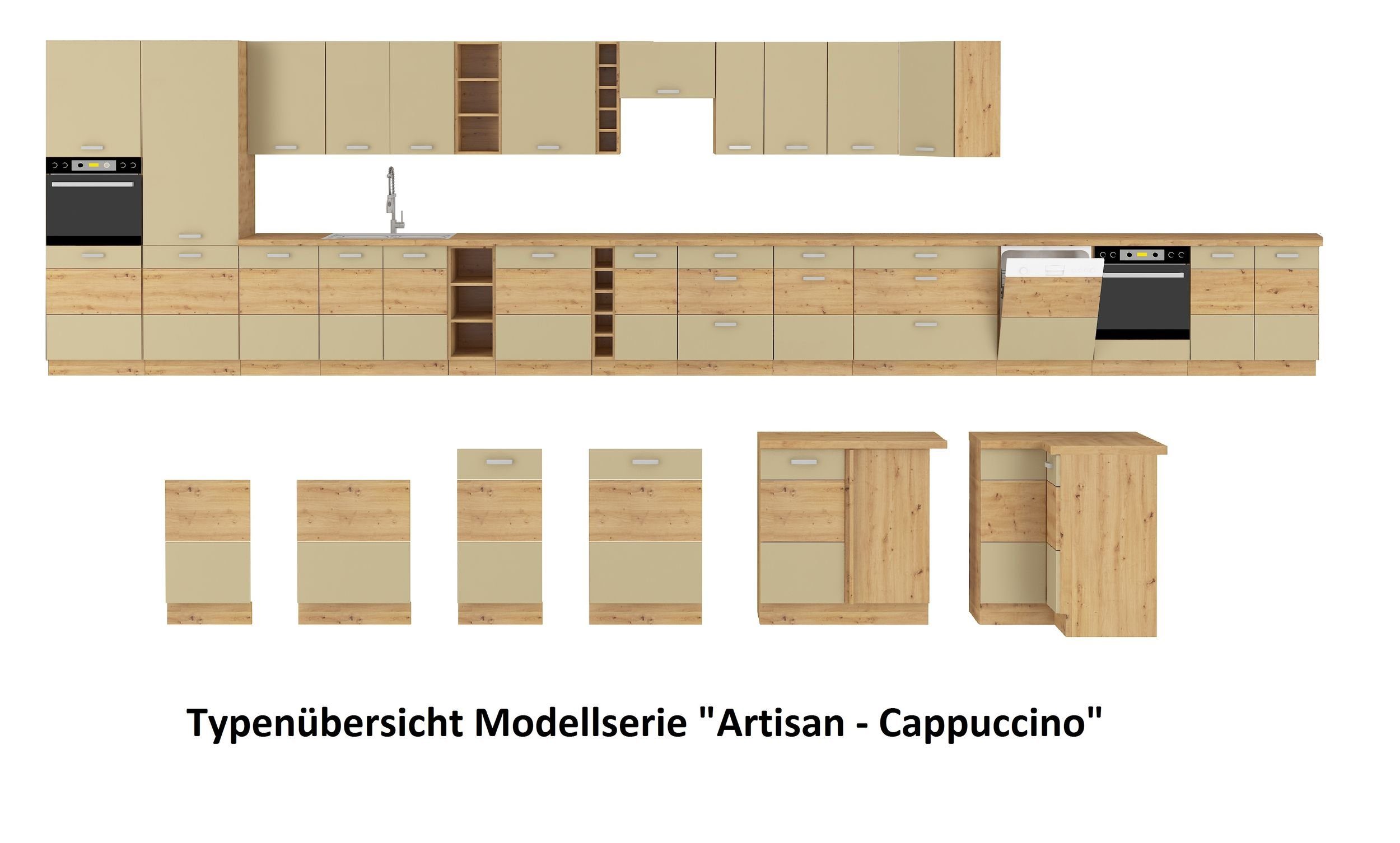 Artisan Eiche Küchen-Preisbombe cm Hochglanz Küchenblock Küchenzeile Cappuccino Küche Hängeschrank 45