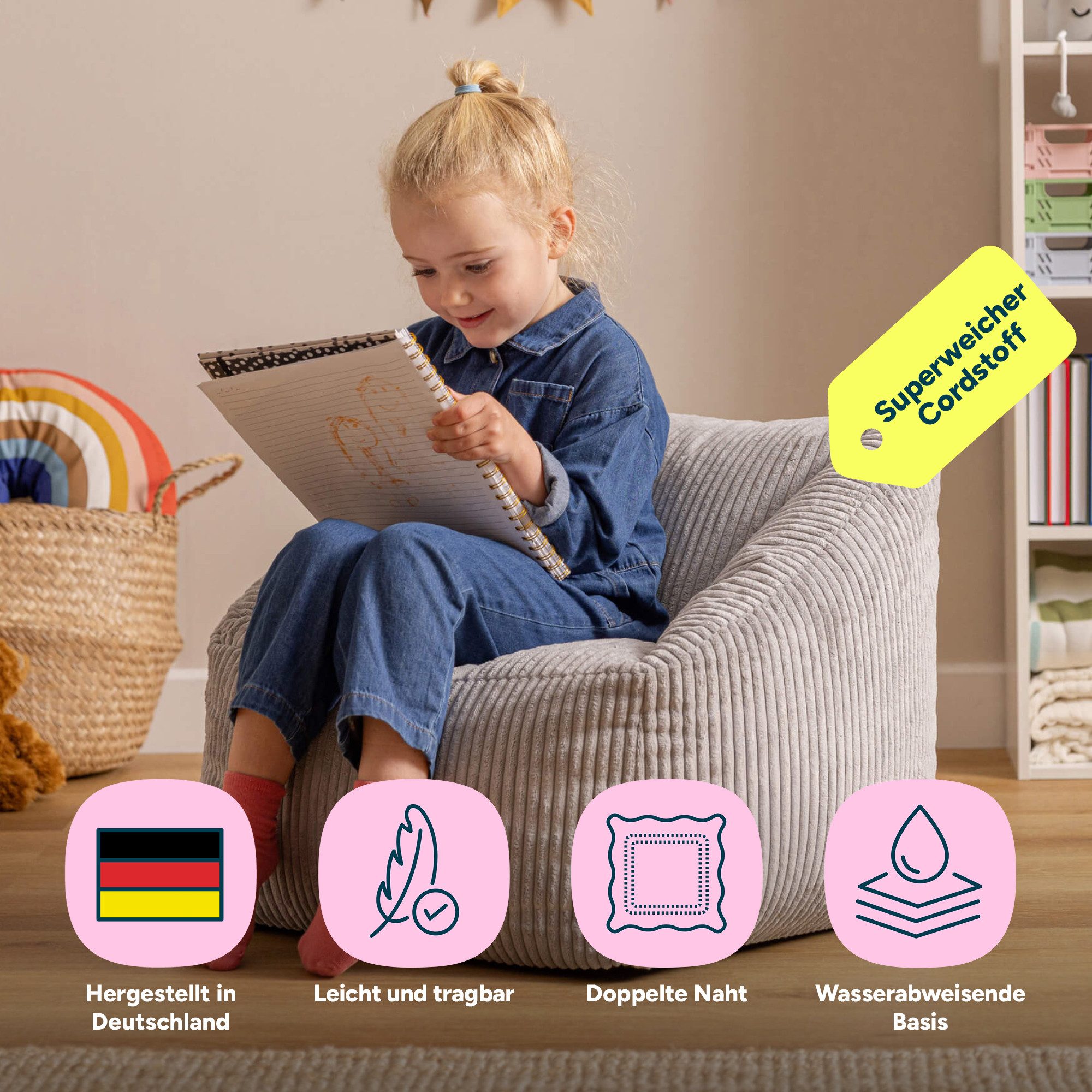 icon Sitzsack Kinder aus Cord Flauschig „Natalia“, 55x44cm, Made in Germany, für Kinderzimmer – Bild 3 von 5