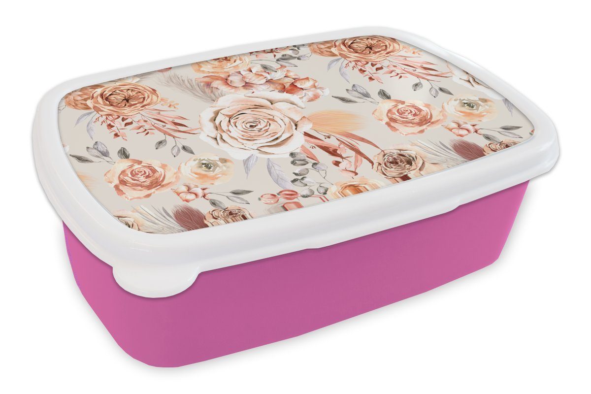 MuchoWow Lunchbox Rosen - Blumen - Muster, Kunststoff, (2-tlg), Brotbox für Erwachsene, Brotdose Kinder, Snackbox, Mädchen, Kunststoff rosa