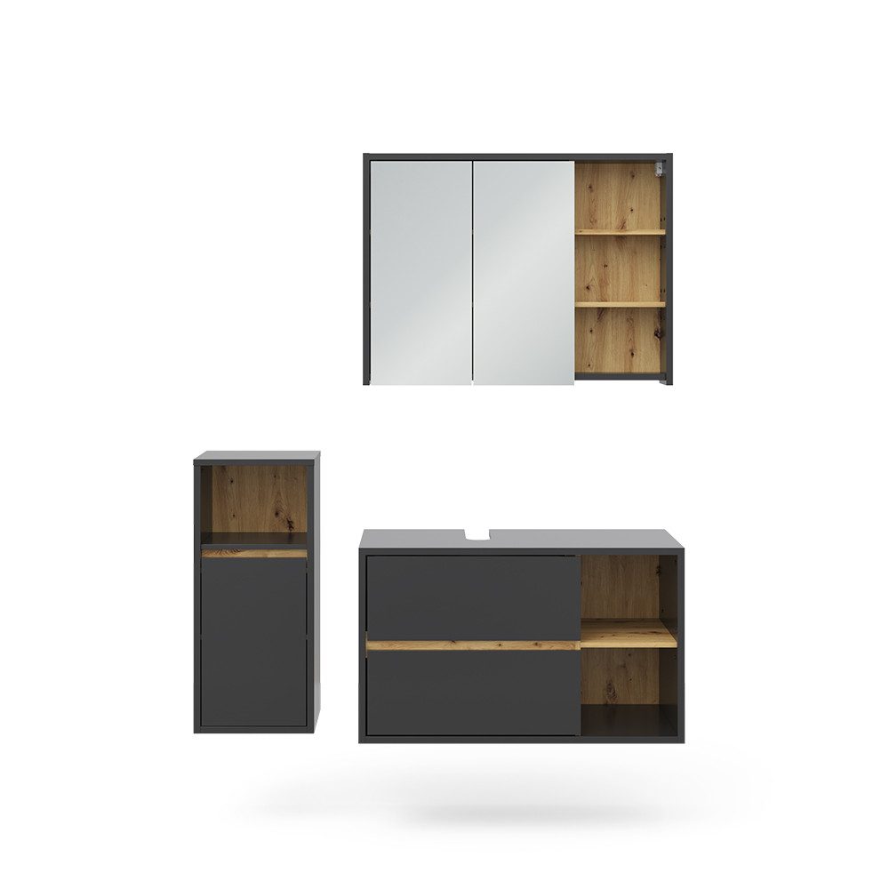 Vicco Badmöbel-Set Viola, Anthrazit/Eiche, 3 Teile, günstig online kaufen