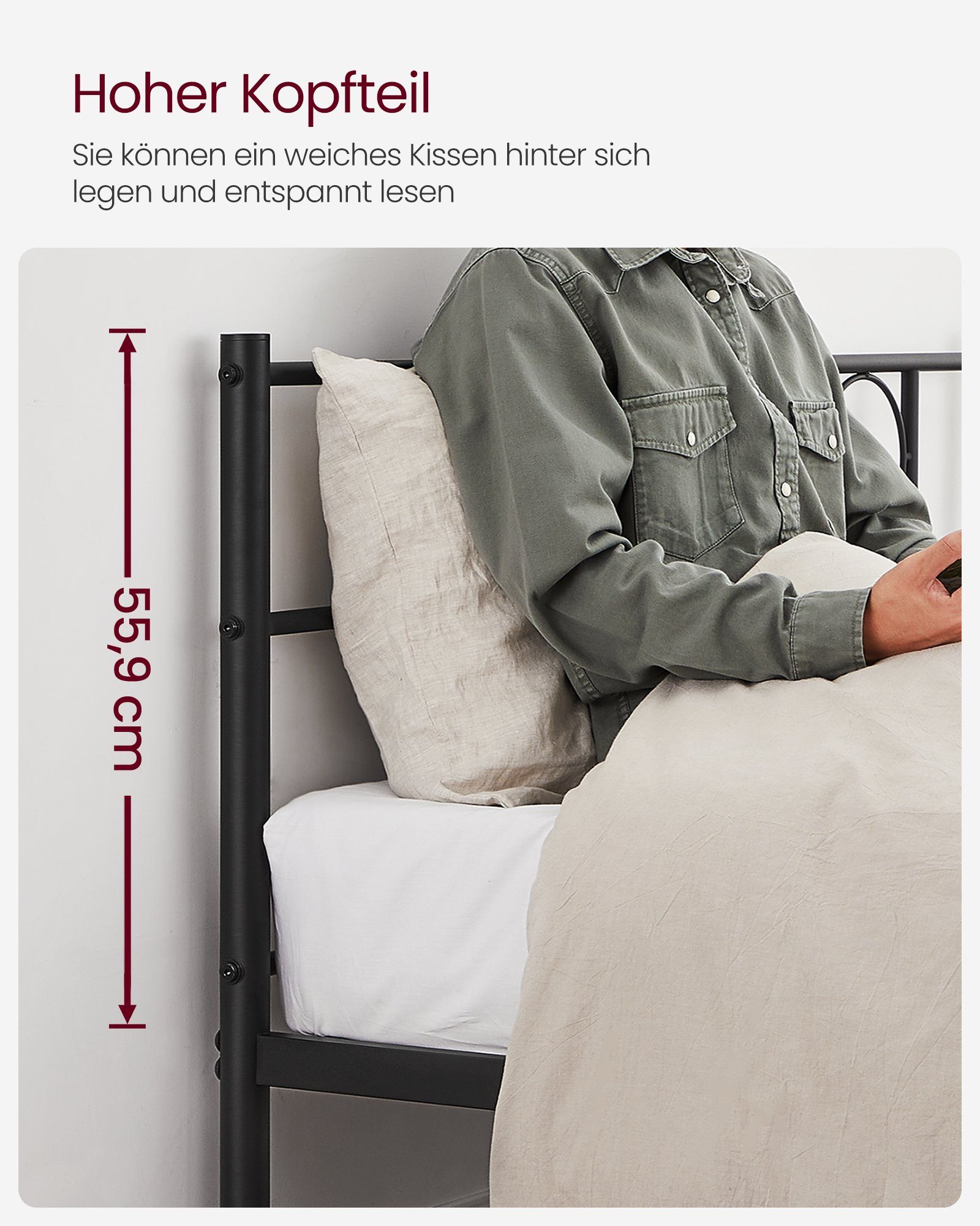 VASAGLE Bettgestell Bett Gästebett (1-tlg., 160 x 200 cm), 160 x 200 cm, einfache Montage, Doppelbett, Bettgestell, Bettrahmen – Bild 5 von 5