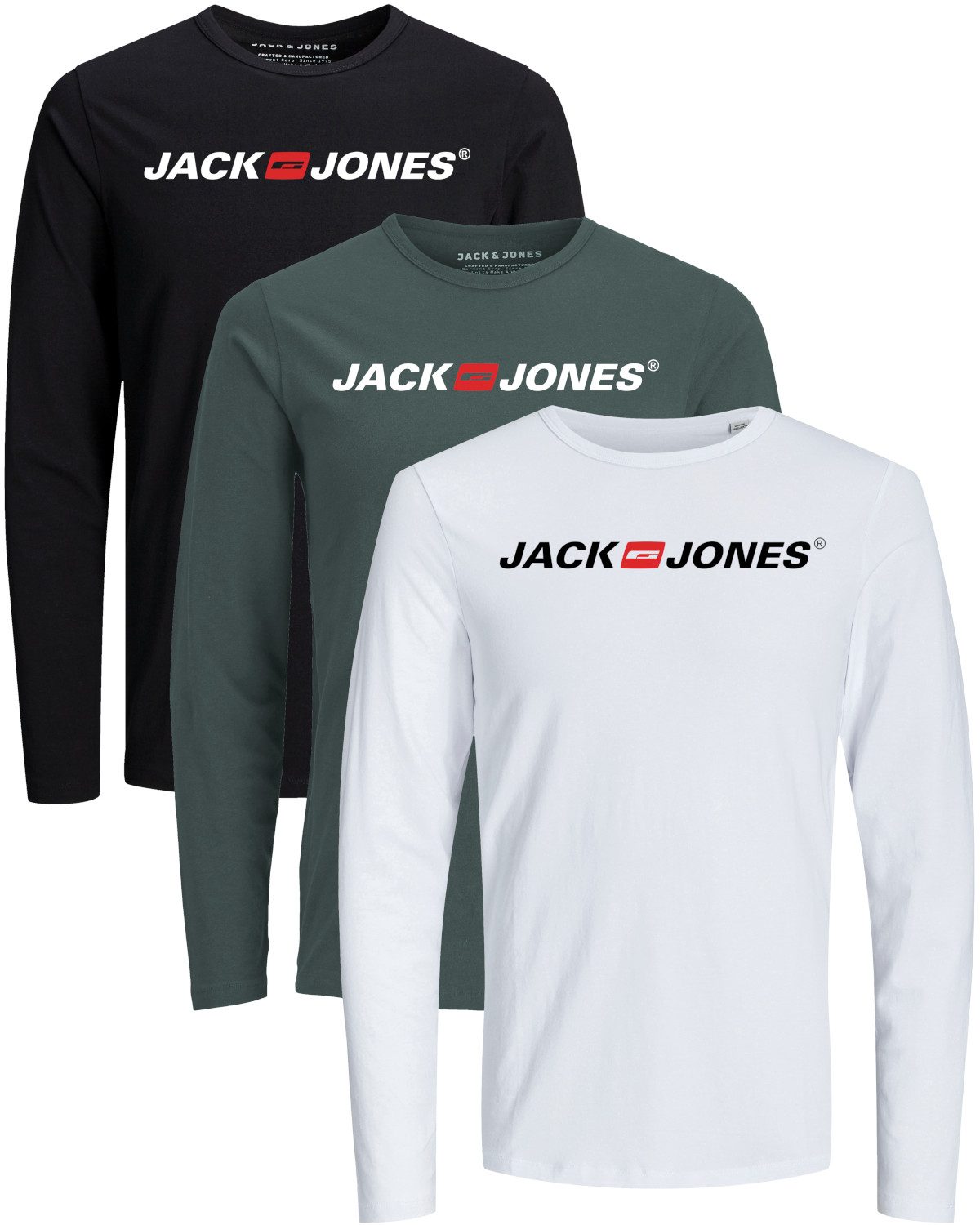 Jack & Jones Langarmshirt Regular-Fit mit stilvollem Printdruck (Spar-Set, 3er-Pack) in Unifarbe aus Baumwolle, mit lizenziertem Originaldesign Print