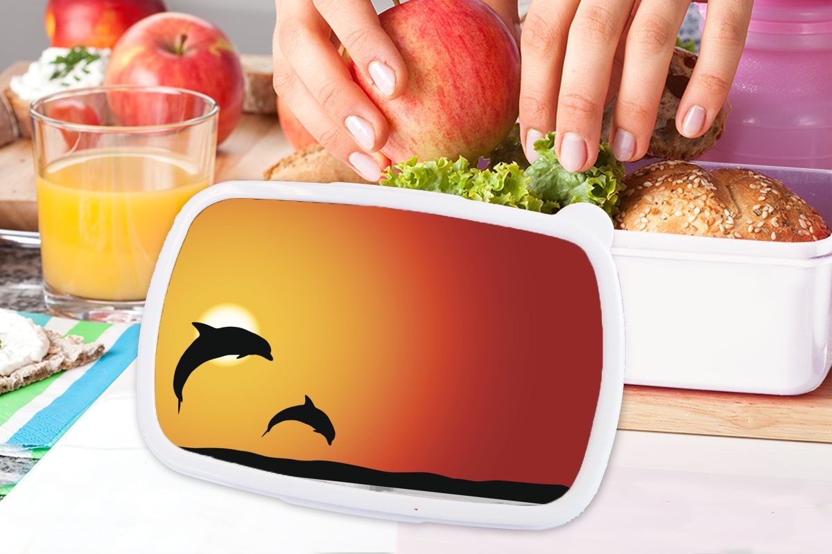 Kunststoff, weiß Mädchen - Kinder und für MuchoWow Brotbox Delfine Lunchbox Jungs für Silhouette Brotdose, und (2-tlg), Erwachsene, Sonnenuntergang, -
