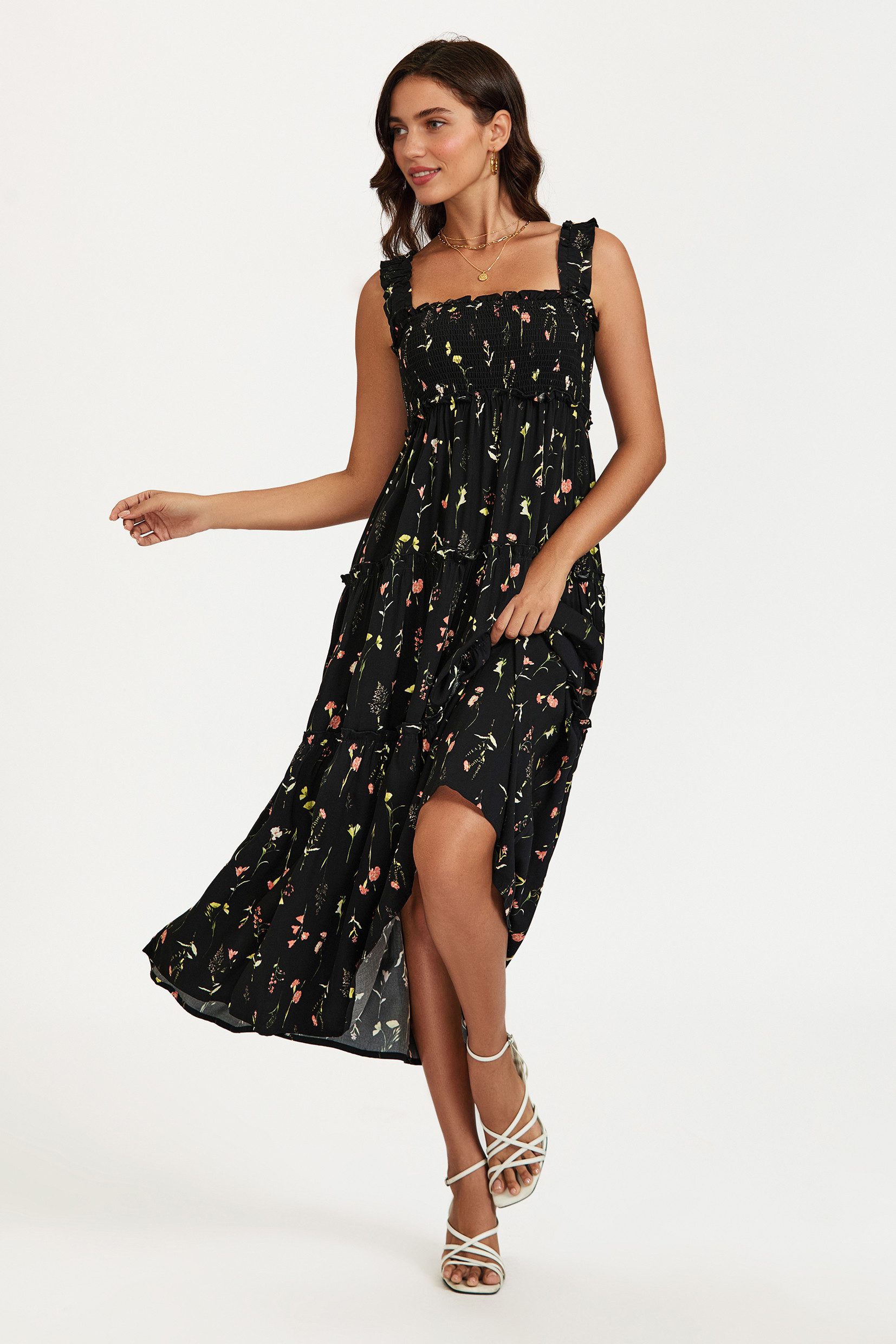 FS Collection Sommerkleid Damen Sommerkleid Midikleid Trägerkleid Stufenkleid Schwarz (XS (EU:36 / UK:8) · S (EU:38 / UK:10) · M (EU:40 / UK:12) · L (EU:42 / UK:14) · XL (EU:44 / UK:16) Spaghettiträger, Stufenrock, Blumenmuster, Rüschen, Gesmoktes Oberteil