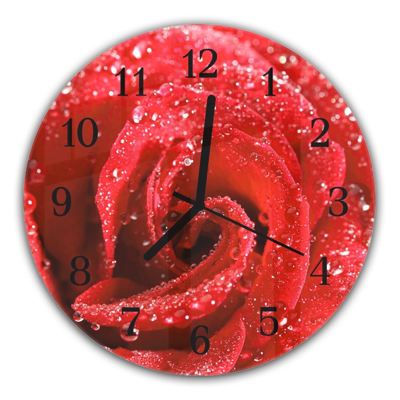 Primedeco Wanduhr Wanduhr aus 30 Rund mit cm Glas Rose mit und - Motiv Rote Quarzuhrwerk Durchmesser