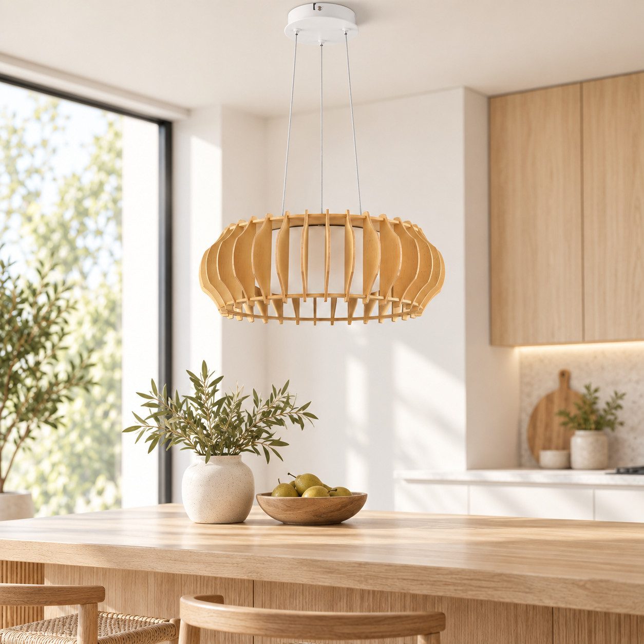 BlingBin LED Pendelleuchte aus Massivholz Ø 40 cm 22 W Hängeleuchte Warmweiß Metall,3000K, Massivholz, LED fest integriert, Tageslichtweiß, für Wohnzimmer, Esstisch, Küche, Esszimmer, Kochinsel, Weiß/Natur