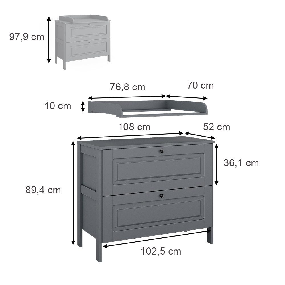 VitaliSpa® Wickelkommode Ajaton, Grau, 108 x 98 cm mit 2 Schubladen