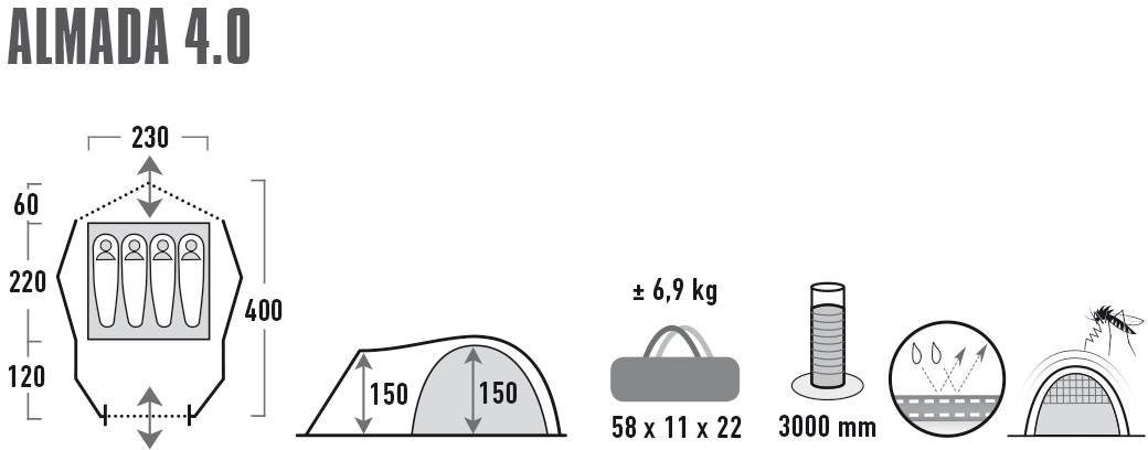 (mit Almada 4.0, High 4 Zelt Personen: Transporttasche) Kuppelzelt Peak