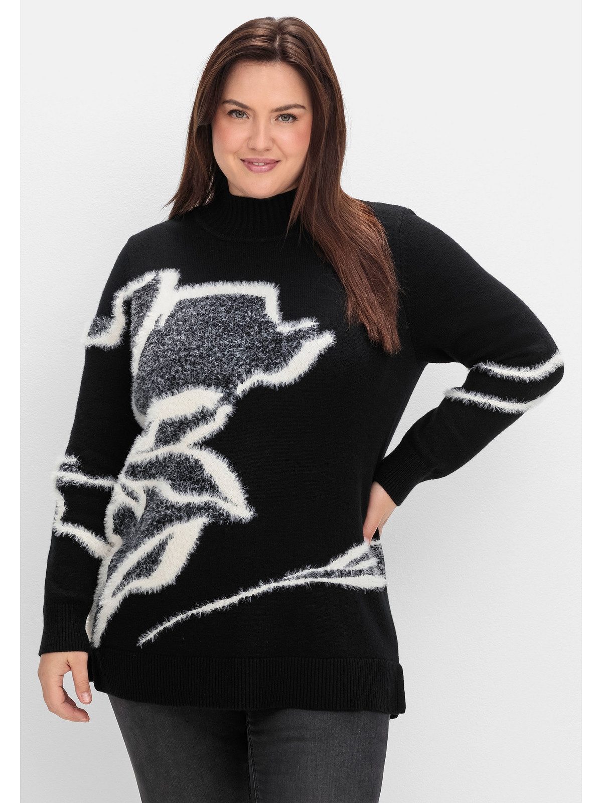 Sheego Stehkragenpullover Große Größen mit Intarsienmuster aus Flauschgarn