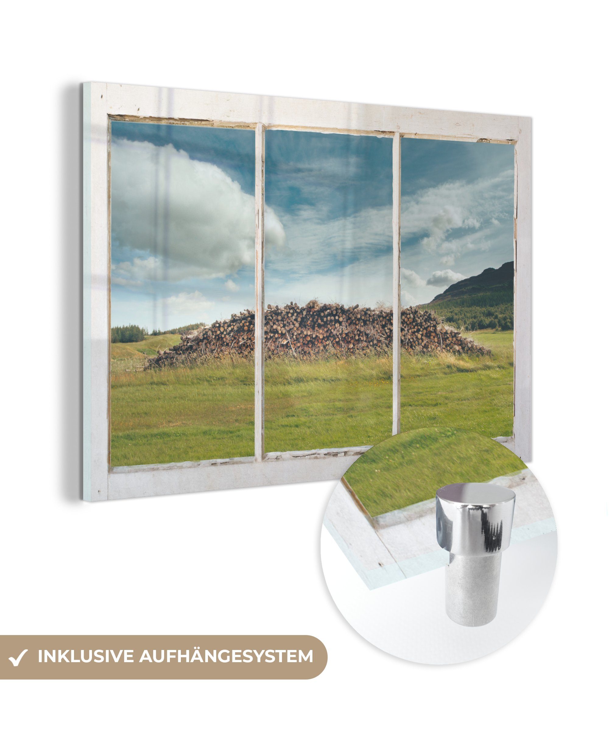 MuchoWow Acrylglasbild Durchblick - Baumstämme - Wolken, (1 St), Glasbilder - Bilder auf Glas Wandbild - Foto auf Glas - Wanddekoration