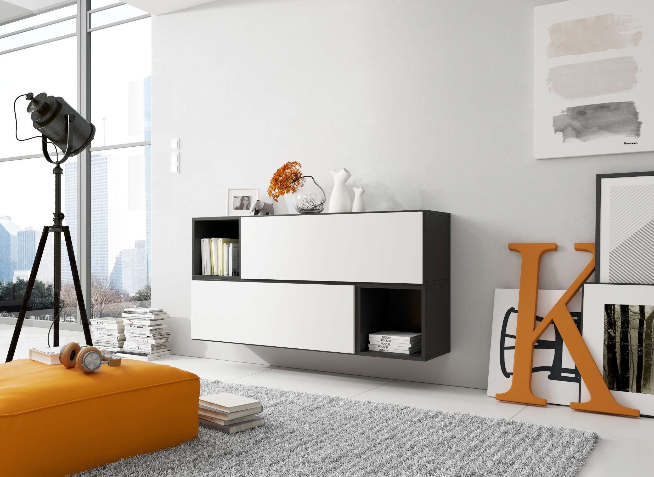 Stylefy Wohnwand Cono XIV, (Set (4-St), Wohnmöbel, Wohnzimmer-Set), bestehend aus 2xWandregal und 2xHängeschrank, mit Push-to-Open, Modern Design Schwarz Matt - Weiß Matt