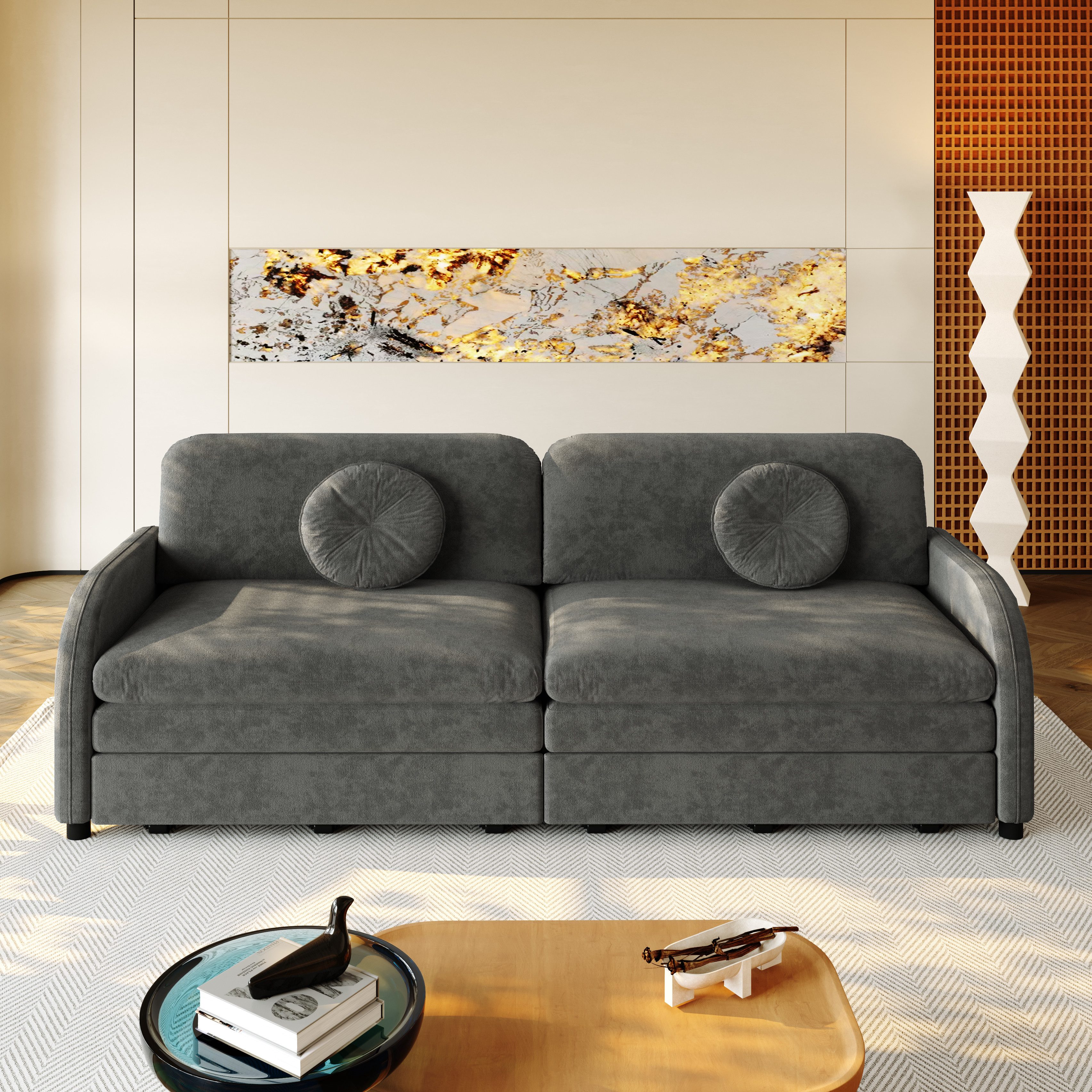 i@home 2-Sitzer 206 cm ausziehbares Sofa mit Schlaffunktion,3-in-1 Schlafsofa,Grau, mit Kissen und Stautaschen an beiden Seiten, Chenille, …
