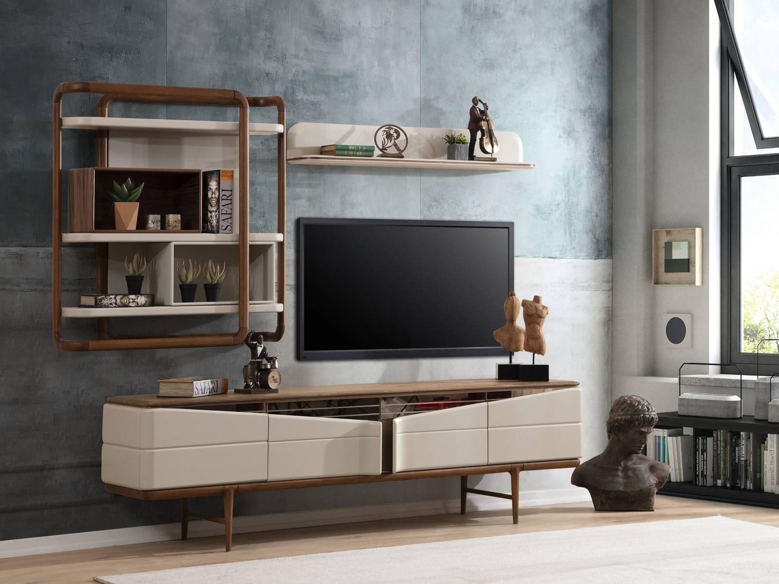 Wohnzimmer-Set Beige Wohnzimmermöbelset mit RTV-Lowboard und 2 Regalen aus Holz
