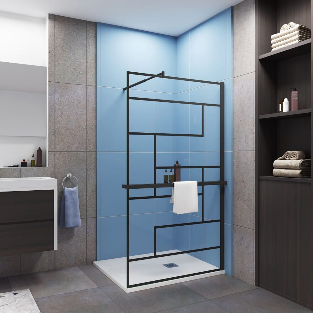 Duschparadies Walk-in-Dusche 200cm 8mm ESG Stützstange Handtuchhalter schwarz Walk in Dusche, Einscheibensicherheitsglas