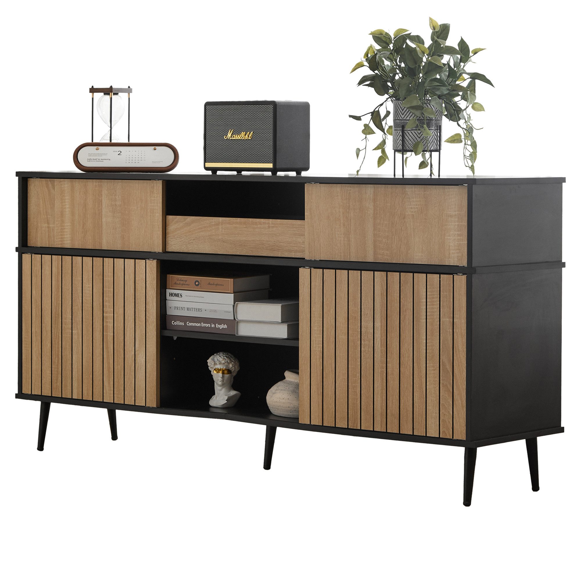 Merax Sideboard mit Schublade und 4 Schiebetüren, Kommode im Industriestil, Anrichte mit viel Stauraum, Breit: 160cm