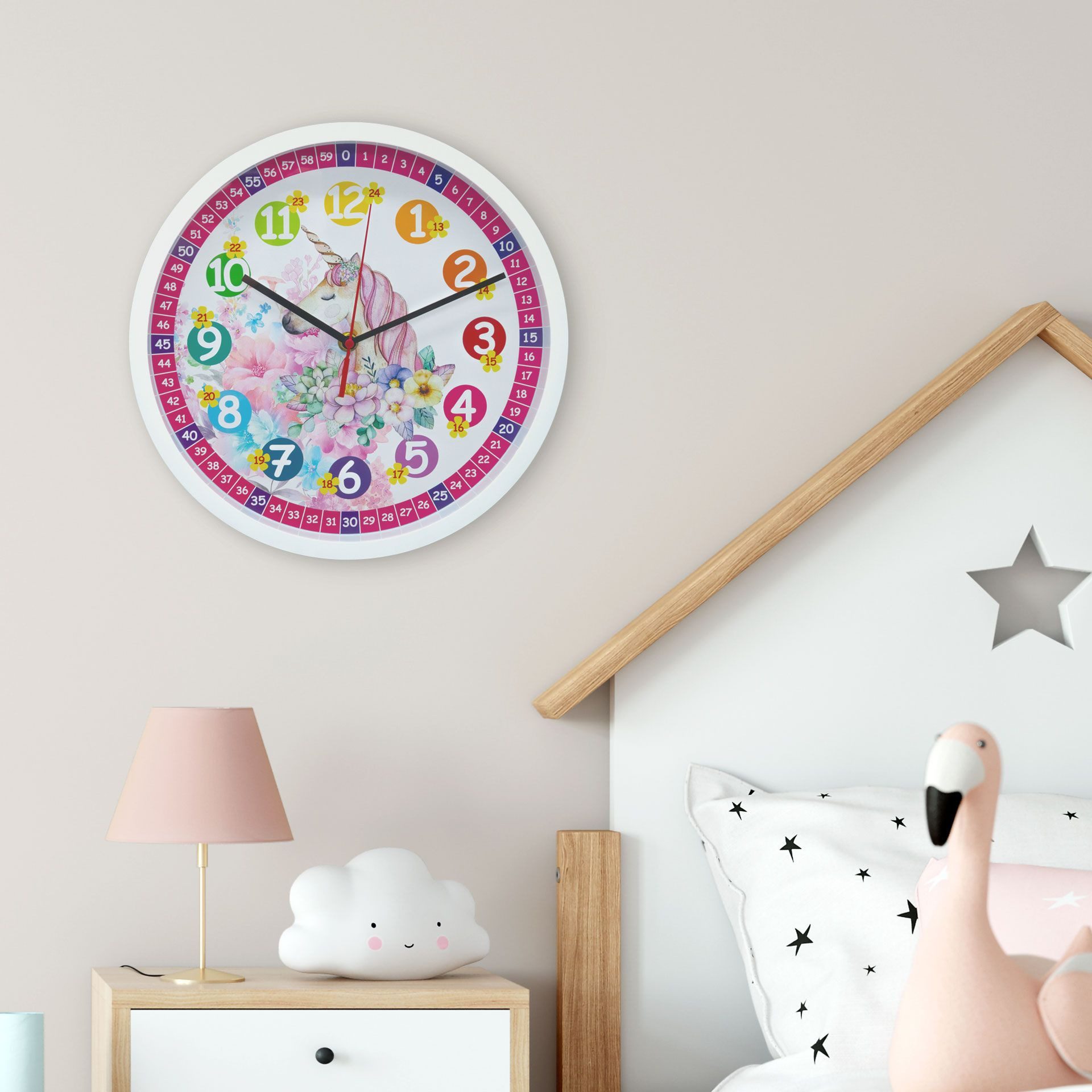 K&L Wall Art Wanduhr Einhorn Lernuhr Prinzessin Wanduhr mit Lernzifferblatt (lautlose Kinderuhr, Quarz Uhrwerk ohne Ticken)