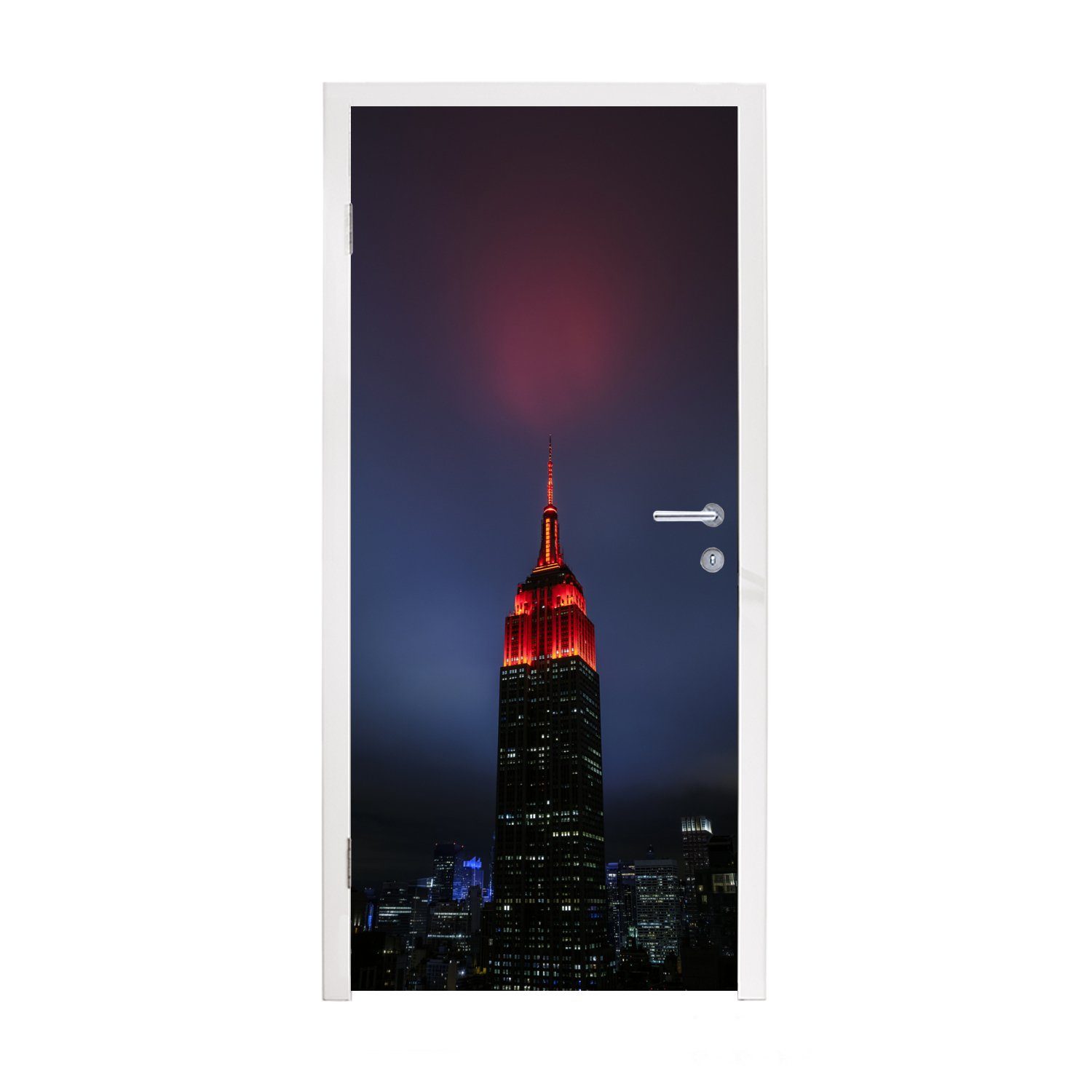 MuchoWow Türtapete Rote Farbe an der Spitze des Empire State Building in New York, Matt, bedruckt, (1 St), Fototapete für Tür, Türaufkleber, 75x205 cm
