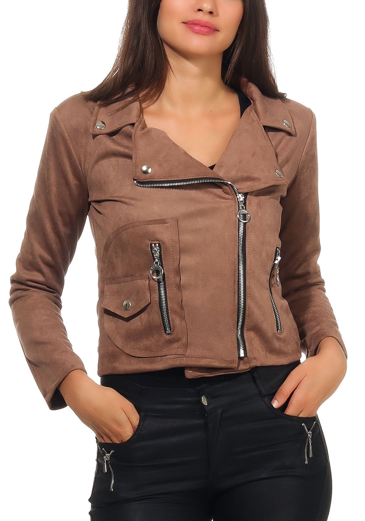 malito more than fashion Lederimitatjacke malito Damen Jacke, Velours Jacke, Biker Jacke mit Reißverschluss, Bikerjacke Slim Fit mit Reversekragen
