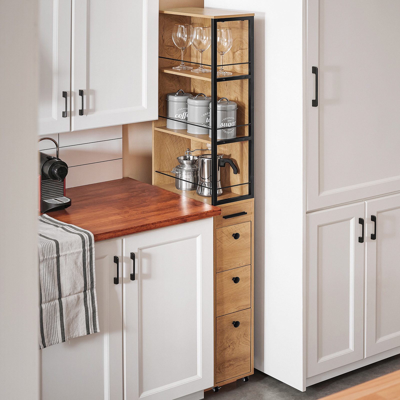 SoBuy Hochschrank NSR13, Küchenwagen, Badrollwagen, Badezimmerregal, Schmales Regal Nischenregal mit 3 Schubladen Küchenregal Nischenwagen Rollwagen