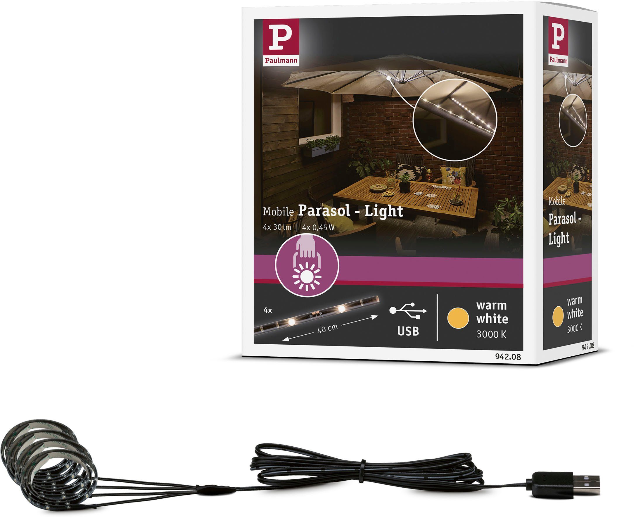 Paulmann LED-Lichterkette Outdoor Mobile Parasol light 3000K 4x0,4m, 4-flammig, Schirmbeleuchtung