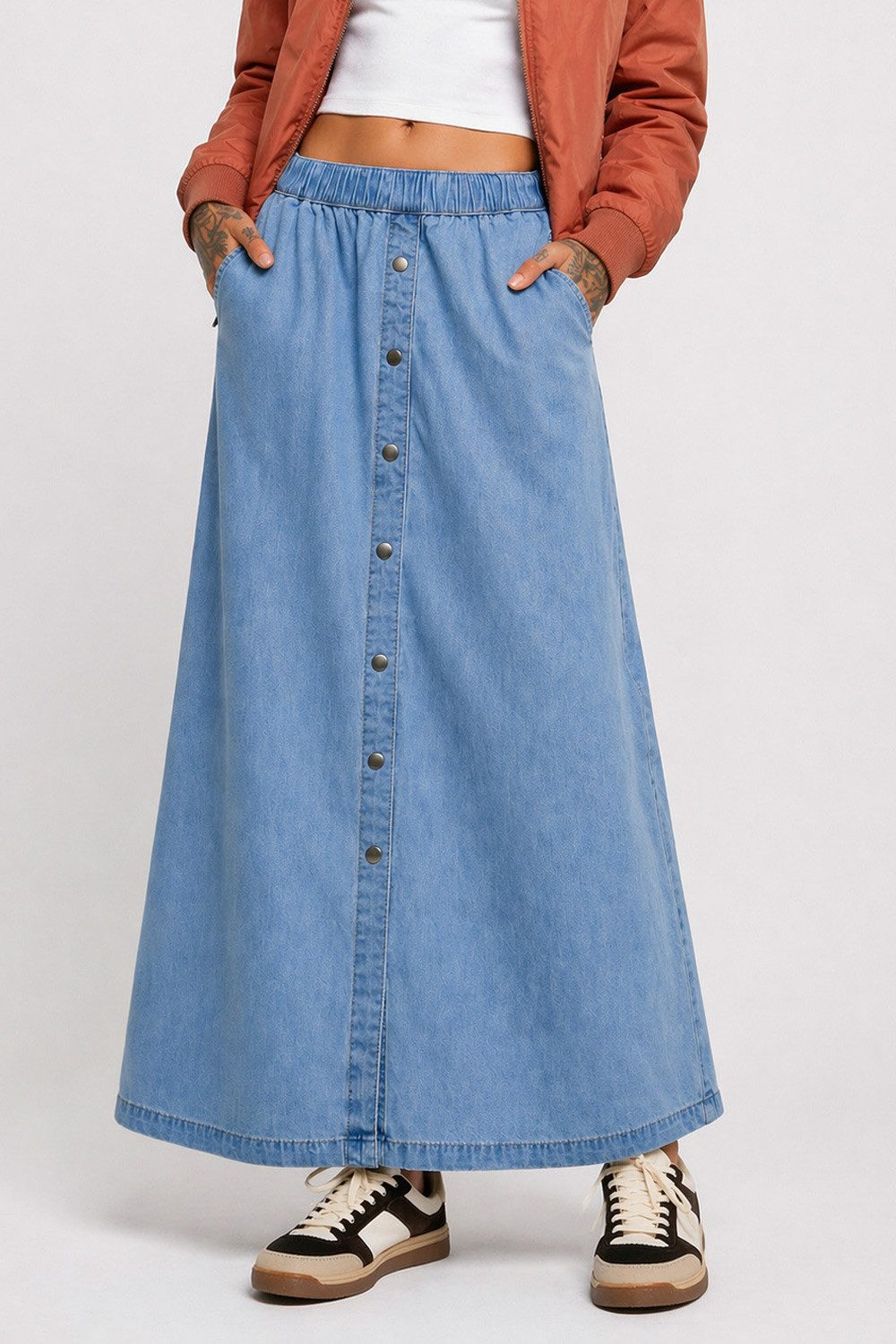 urbandreamz Jeansrock Damen Maxi Rock langer Schnitt leichter Denim Stretch stylischer Rock, robuster Jeansstoff, Gehschlitz