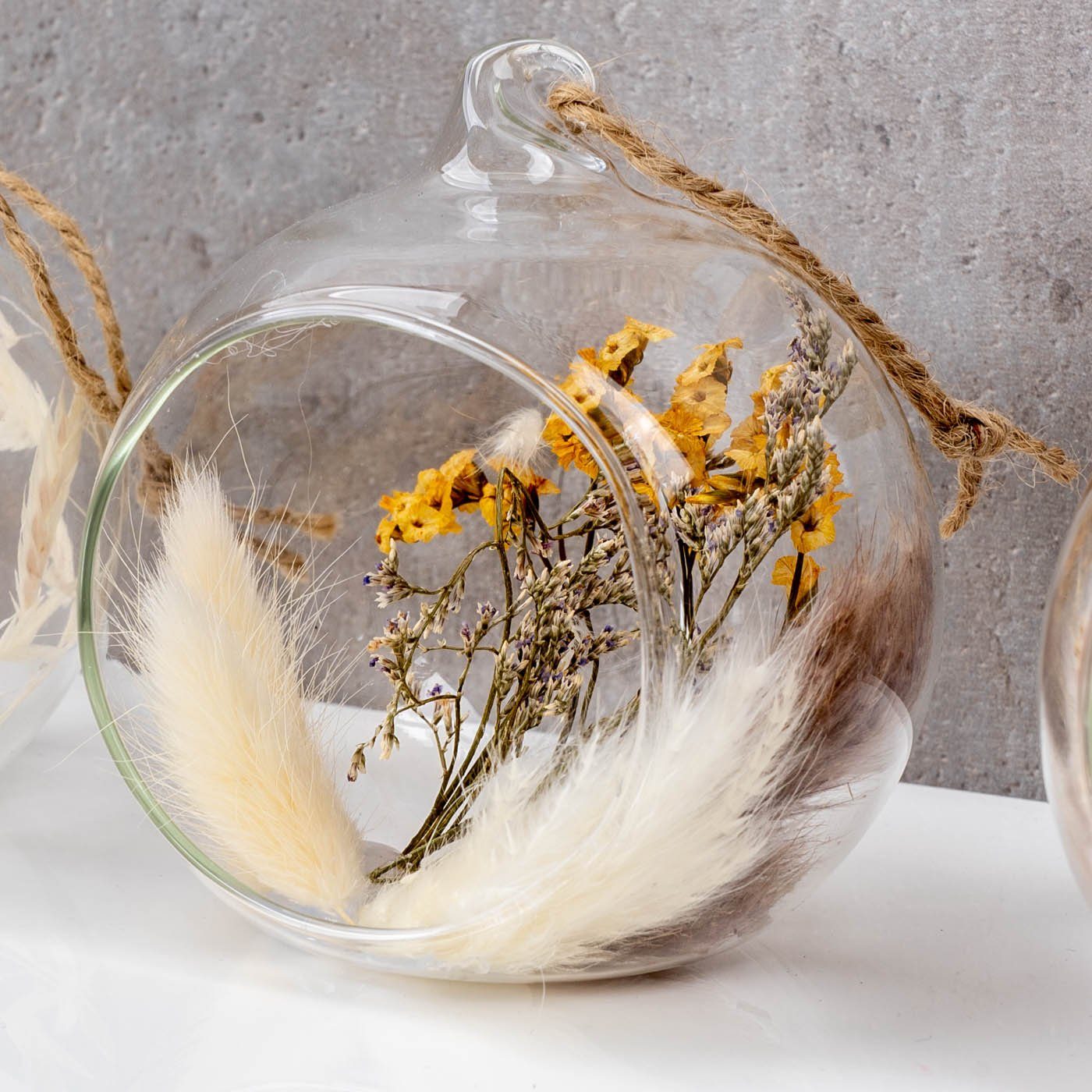 Glaskugel Anhänger Trockenblumen Set Natur Dekoobjekt, Levandeo® Deko ø8cm Kugeldeko 4 Blume