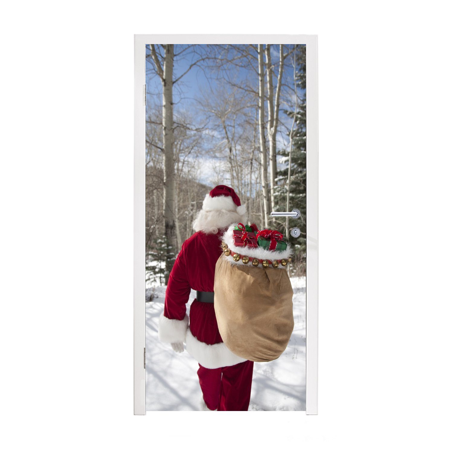 MuchoWow Türtapete Der Weihnachtsmann geht mit einem Sack voller Weihnachtsgeschenke, Matt, bedruckt, (1 St), Fototapete für Tür, Türaufkleber, 75x205 cm