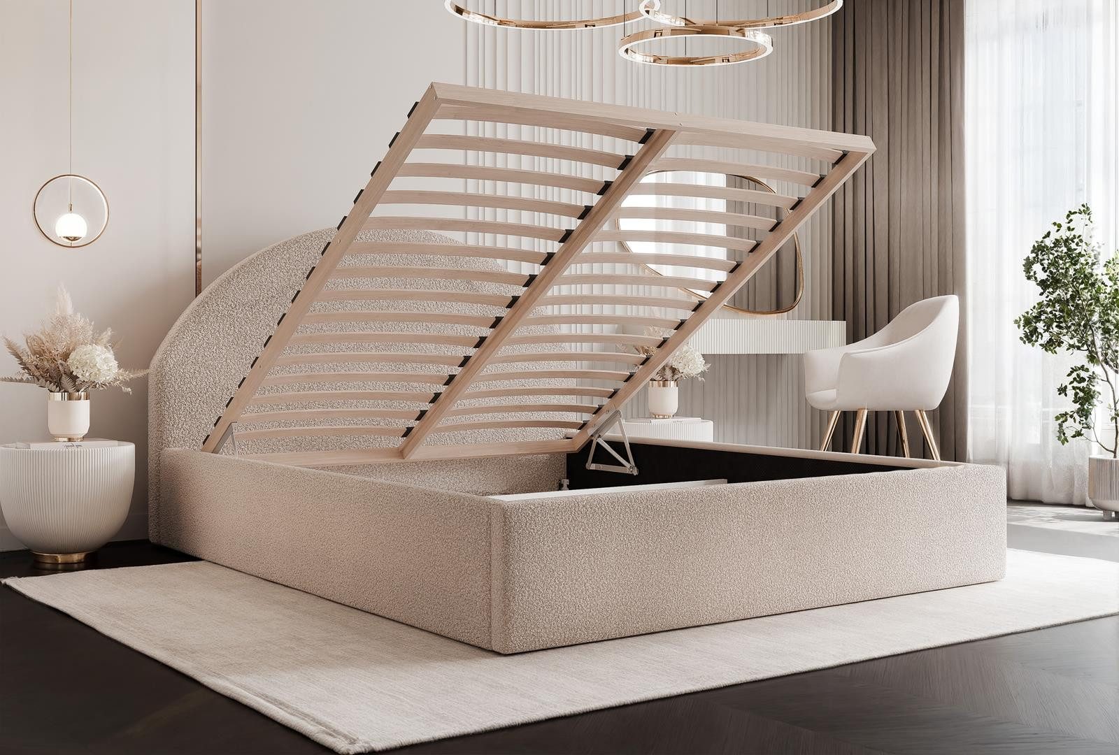 Compleo Polsterbett Designer Polterbett CLARA, mit Stauraum, Glamour-Bett, Elegant, Bett mit halbrückigem Kopfteil, Elegant design