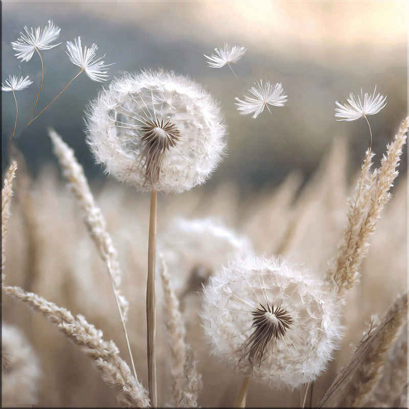 artissimo Glasbild Glasbild 30x30cm Bild aus Glas Boho-Style hell weiß beige Pusteblume, Natur: Blumen und Gräser III