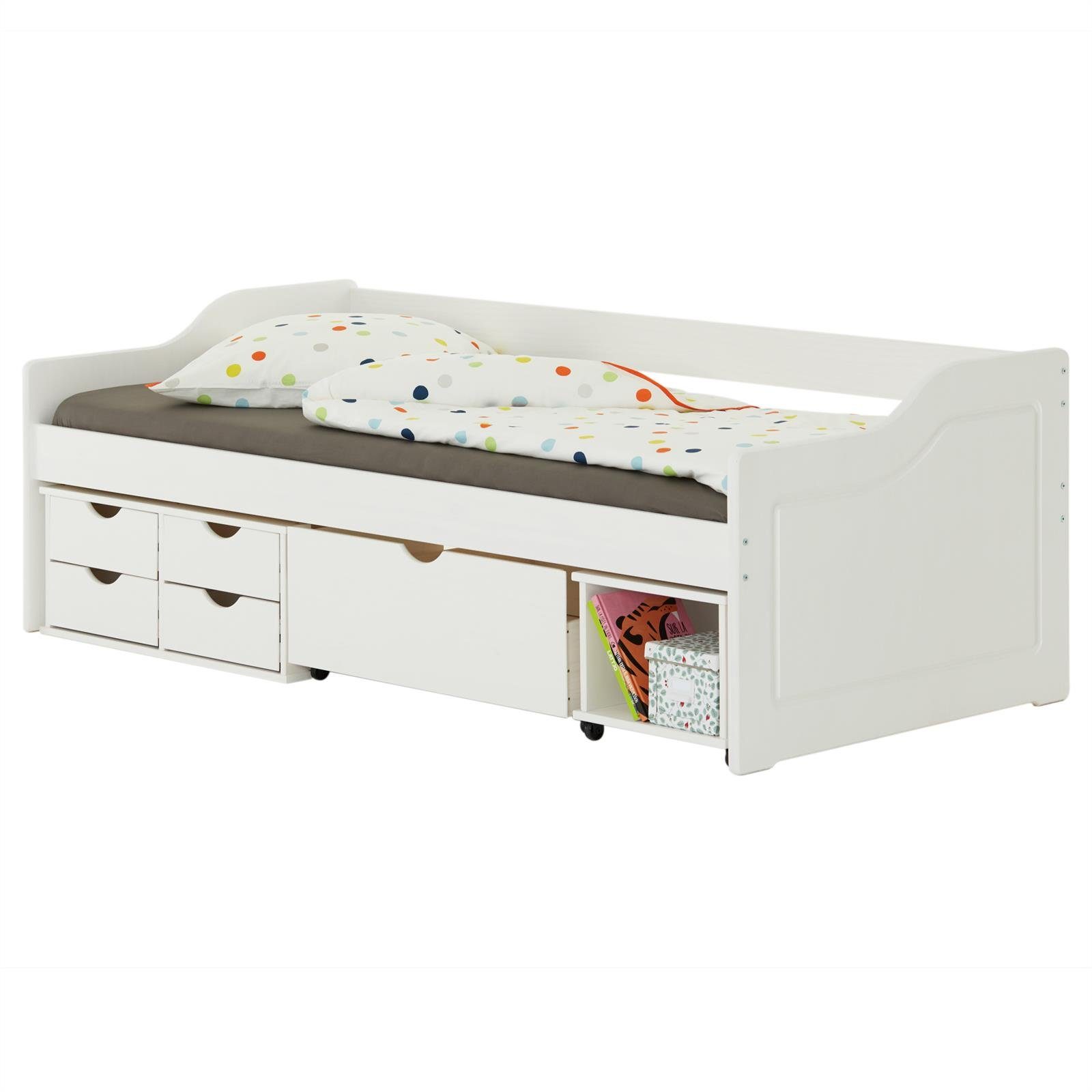 IDIMEX Funktionsbett SENTA, Bett mit Stauraum SENTA Kinderbett Jugendbett 90x200 Kiefer massiv wei