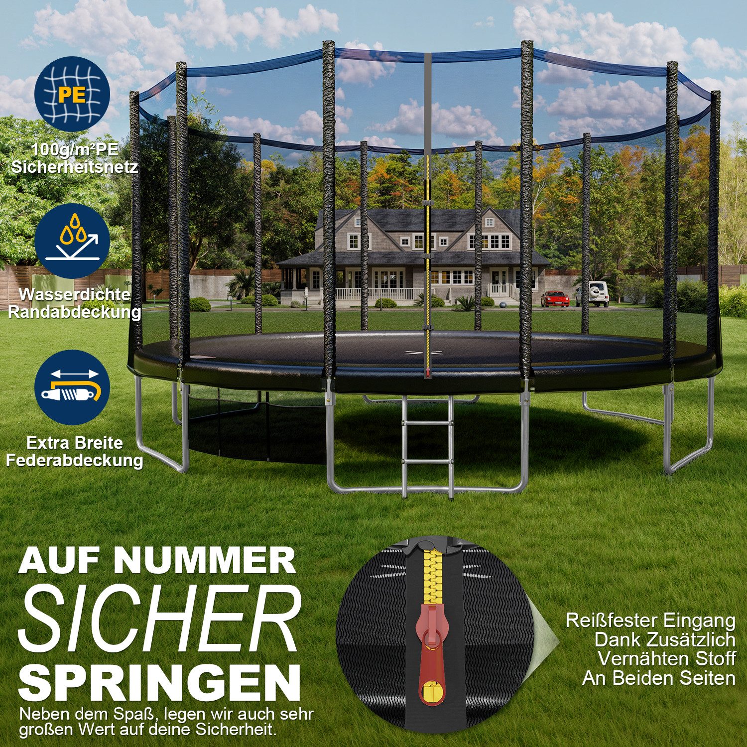 HOMALL Gartentrampolin Ø 228 cm Kindertrampolin Outdoor Trampolin, Ø 427 cm, (Mit Sicherheitsnetz, Sprungtuch und Leiter Ø228/305/366CM,Verstärkte Halterung)