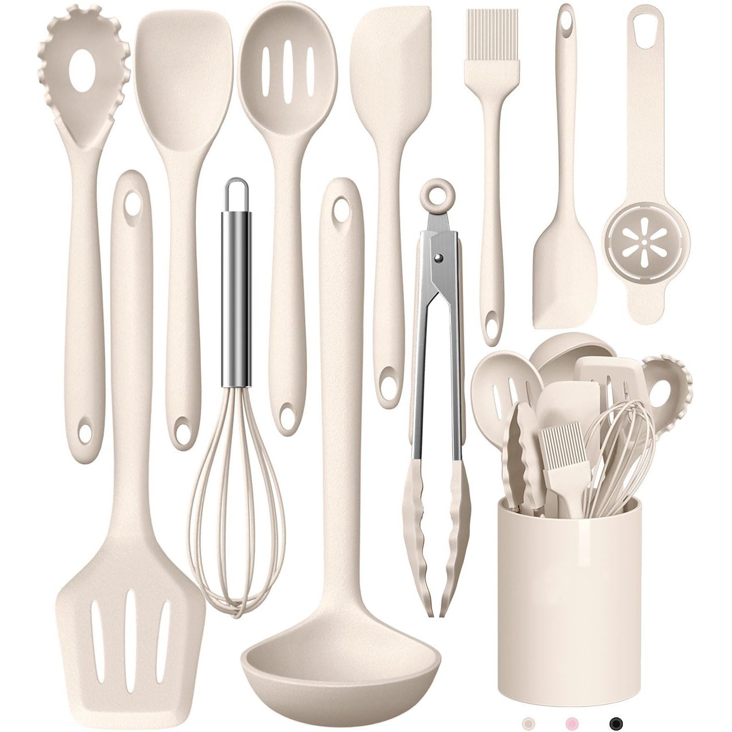 MODFU Kochbesteck-Set 12-teiliges Silikon Kochutensilien Kochbesteck Set Spülmaschinenfest (Silikonspatel Kochgeschirr Set mit Utensilienhalter, 12-tlg., Hitzebeständig, antihaftbeschichtet, BPA-freie Utensilien), Einteiliges Design und Leicht zu reinigen