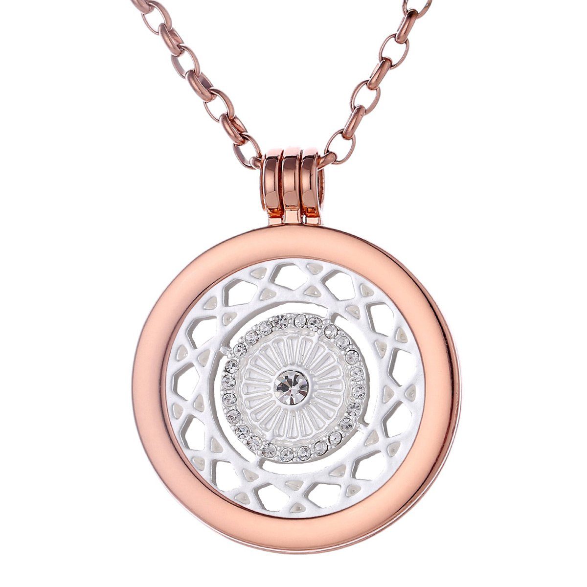 Morella Kette mit Anhänger Halskette 70 cm roségold mit Coin Amulett 33 mm (2-tlg), Kette inkl. austauschbarem Coin, roségold, im Samtbeutel silber Ornament mit Zirkoniasteinen